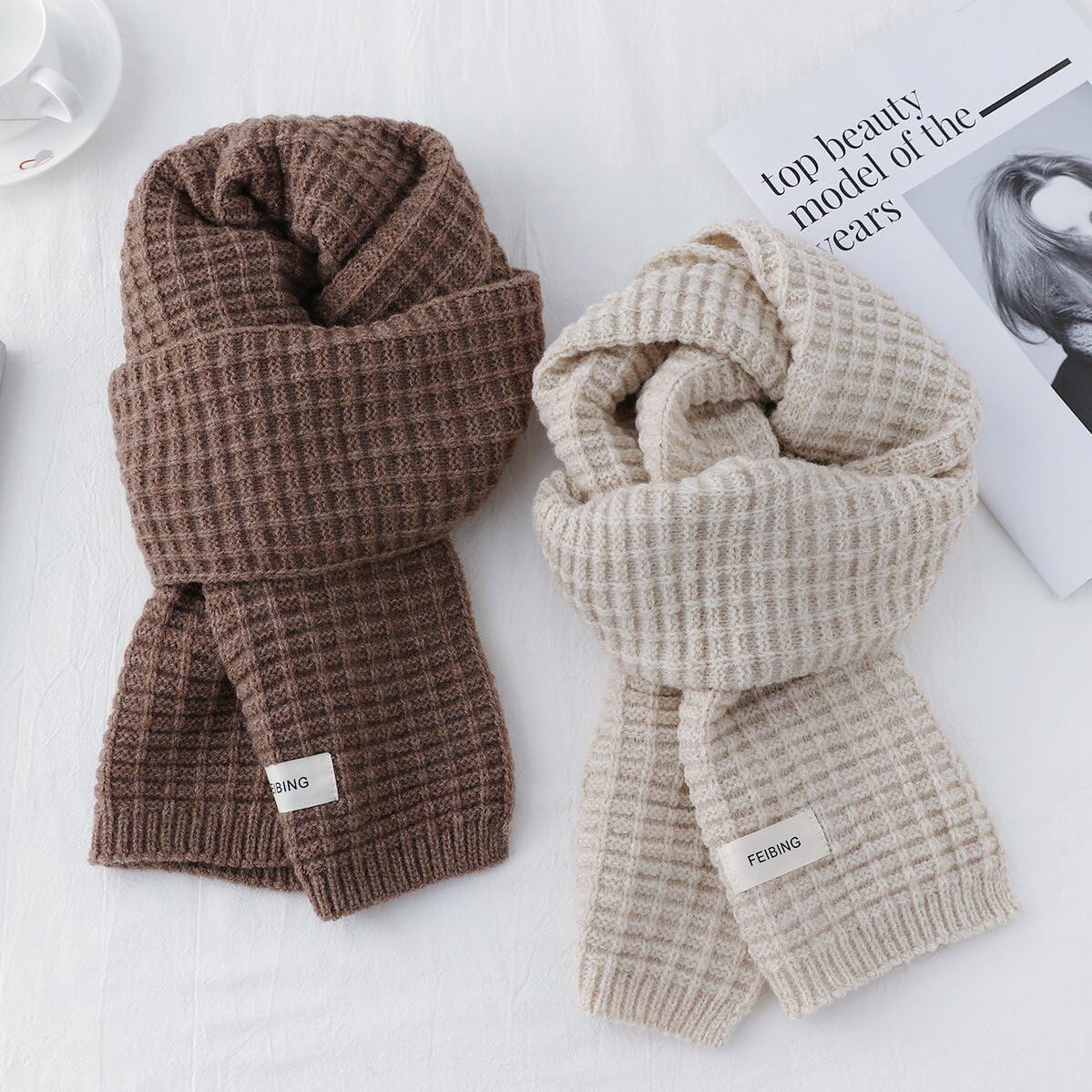 Waffle Knit Winter Scarf for Women - Soft Warm Wrap Solid Color Scarf