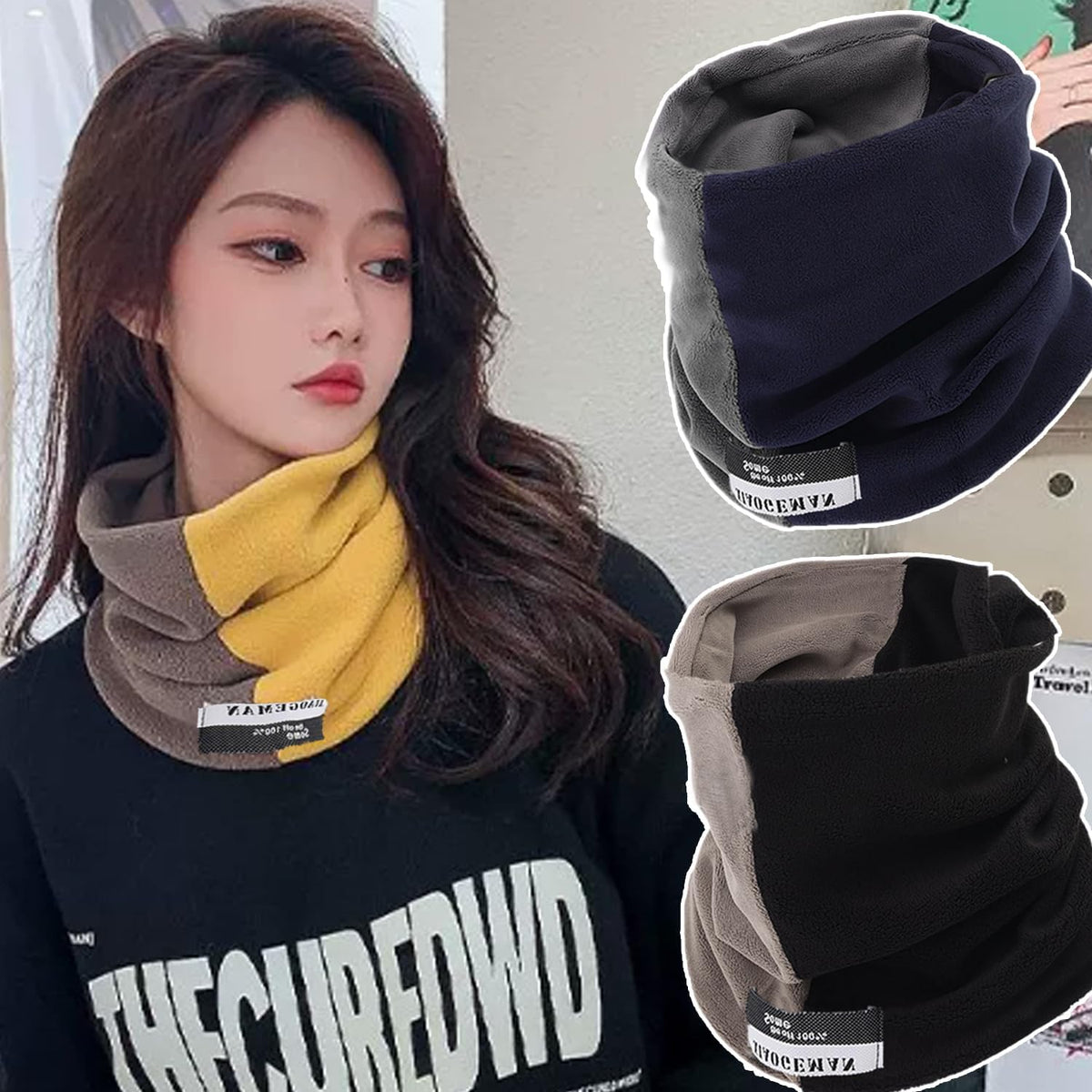 Two-Tone Color Combination Nylon Warm Scarf Thick Nylon Women Men Round Scarves Winter Neck Warmer Winter Gifts for Friends (Blue-Brown, 23x24cm)
