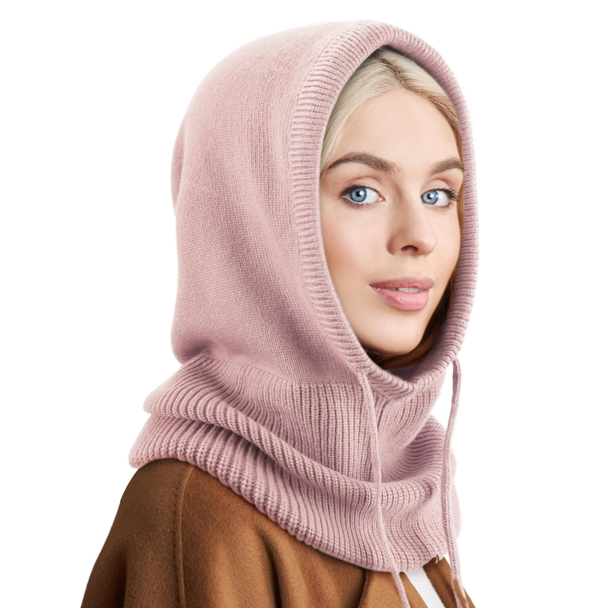 Hooded Scarf Hat Knit Balaclava Women Beanie Skull Cap with Drawstring Warm Winter Hats for Women Men Outdoor Sports