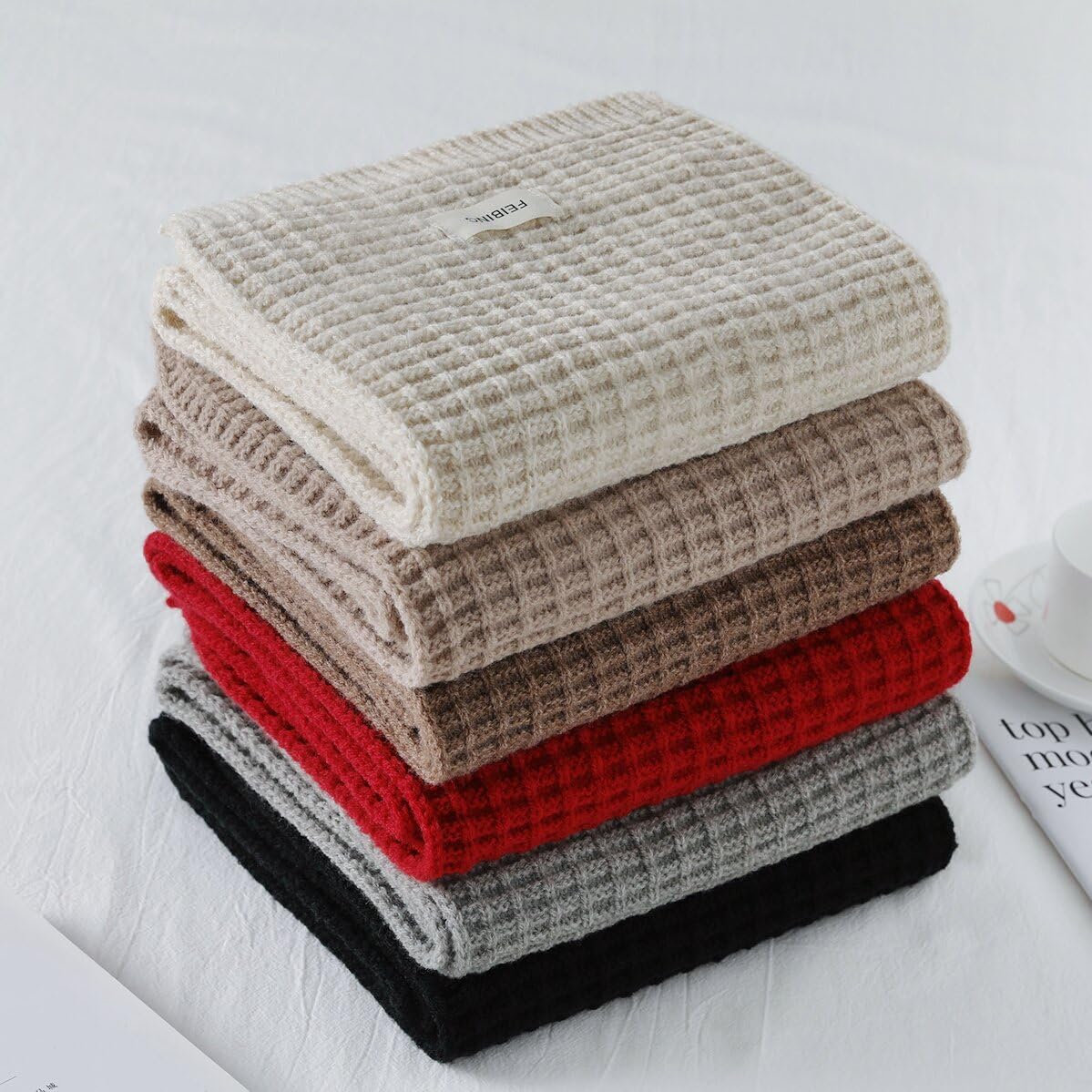 Waffle Knit Winter Scarf for Women - Soft Warm Wrap Solid Color Scarf