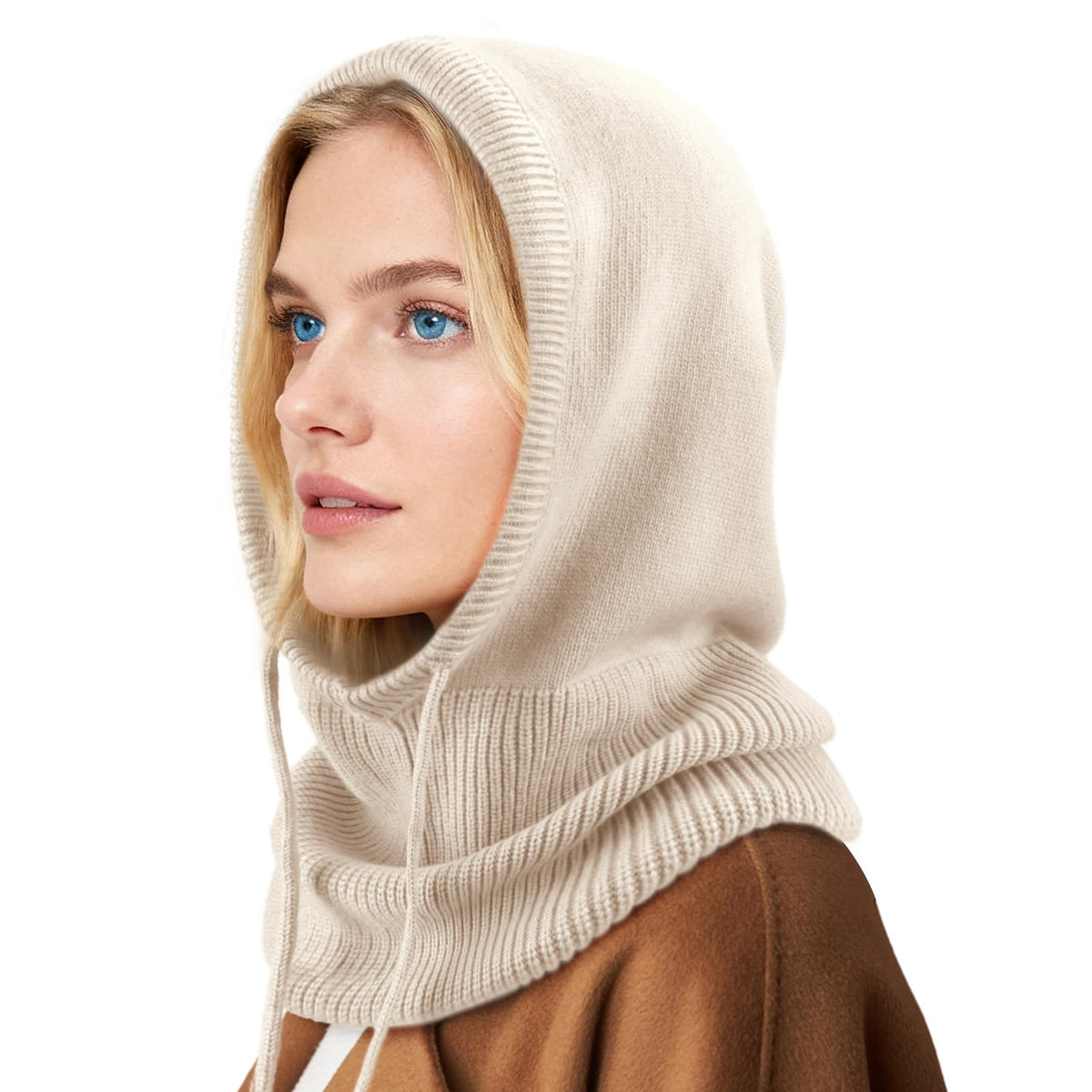 Hooded Scarf Hat Knit Balaclava Women Beanie Skull Cap with Drawstring Warm Winter Hats for Women Men Outdoor Sports