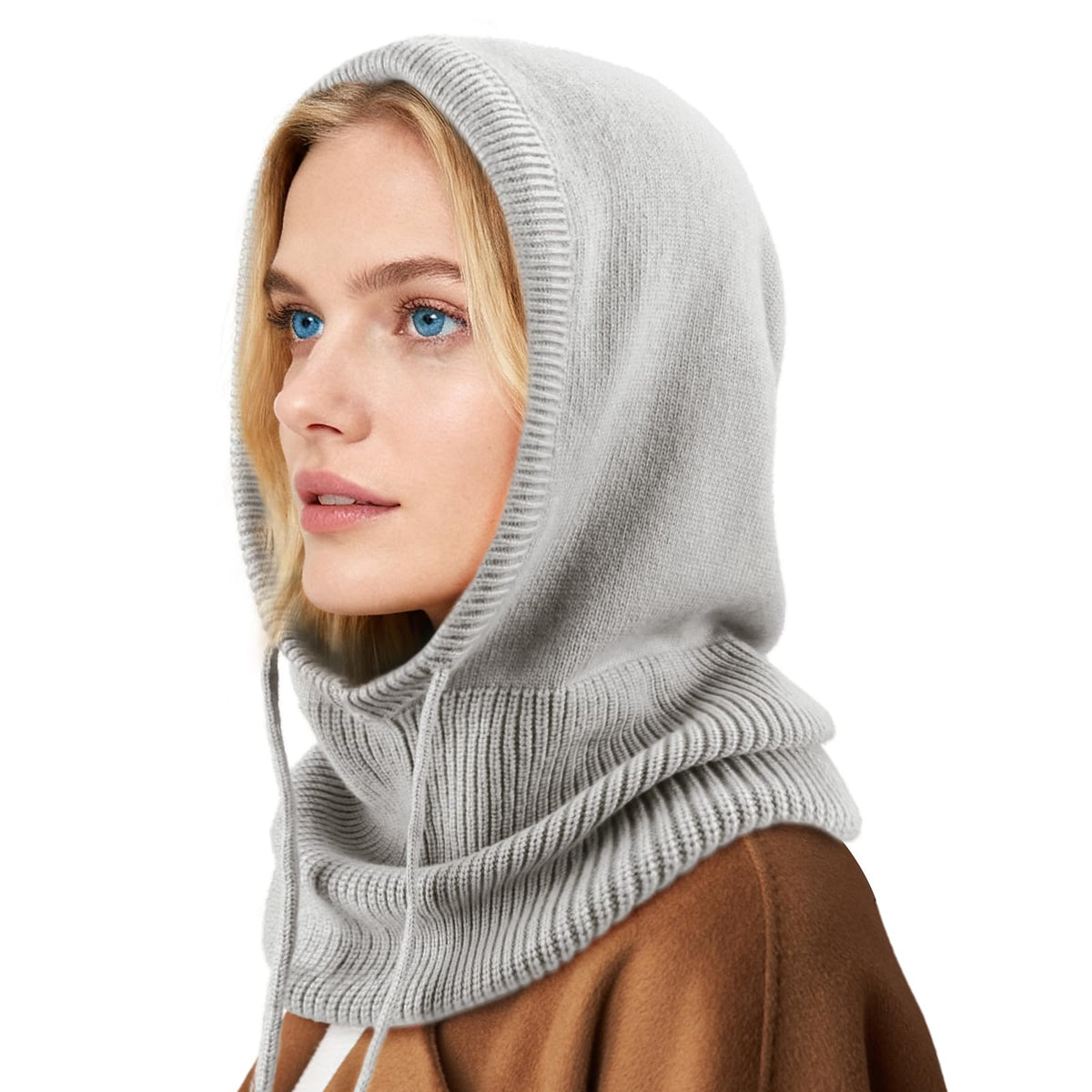 Hooded Scarf Hat Knit Balaclava Women Beanie Skull Cap with Drawstring Warm Winter Hats for Women Men Outdoor Sports
