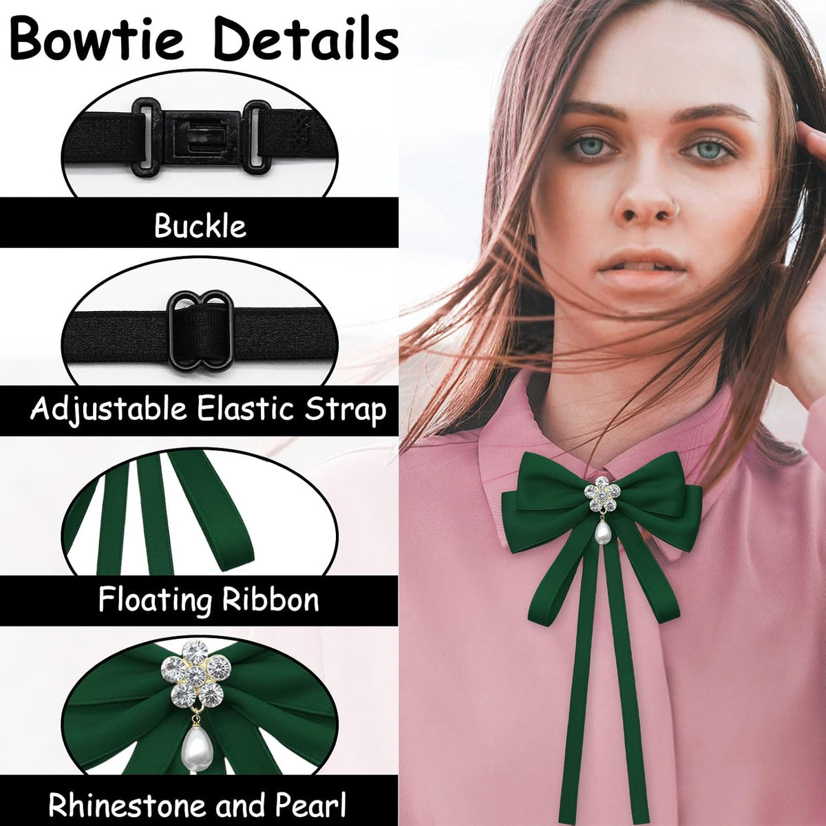 LJBFNN Womens Bow Tie, Clip on Bow Ties for Women Pre Tied Bowtie Ribbon Rhinestone Neck Ties for Shirt Uniform Wedding