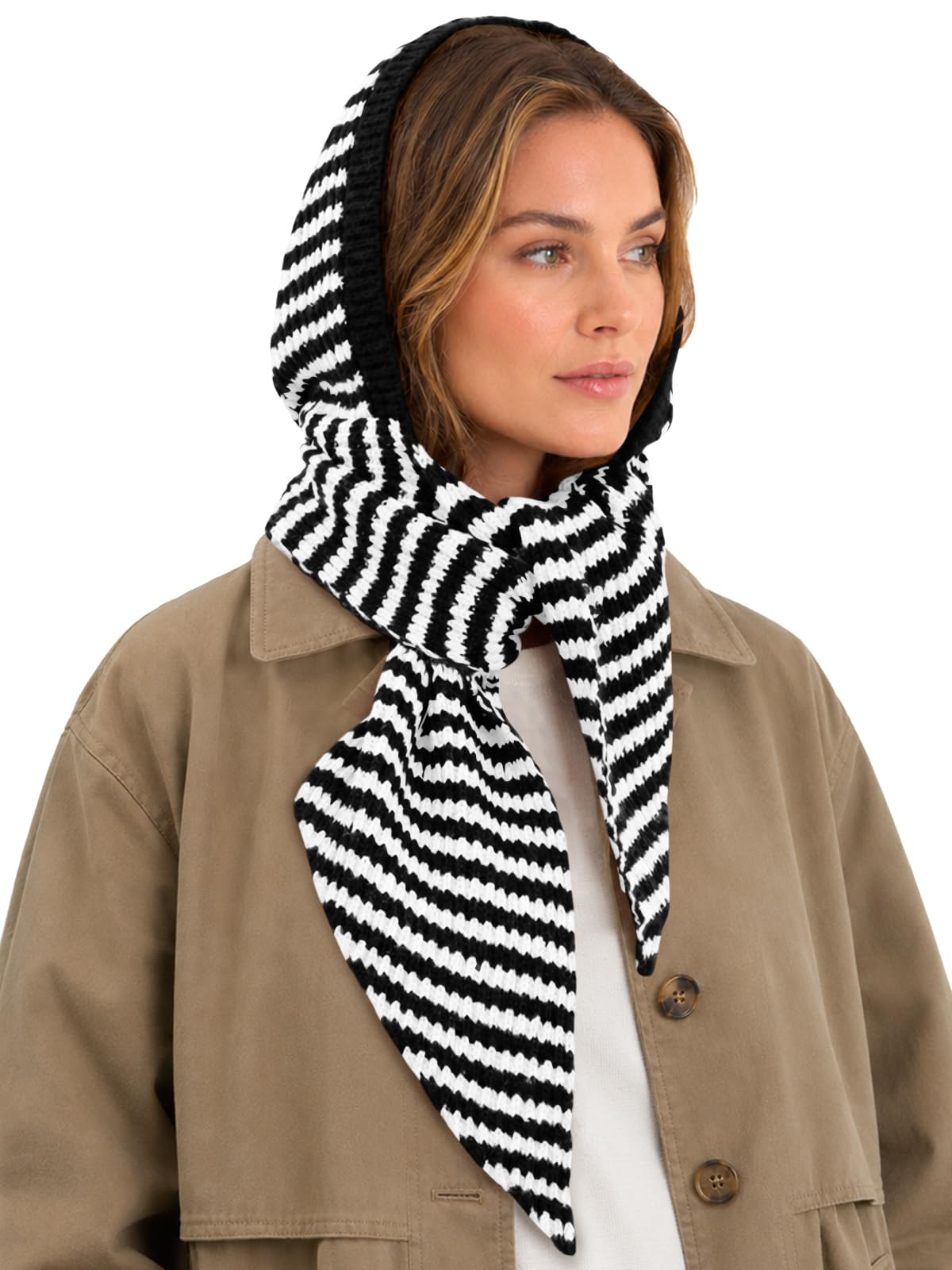 Saodimallsu Womens Striped Hooded Scarf Knit Hat Winter Warm Neck Wrap