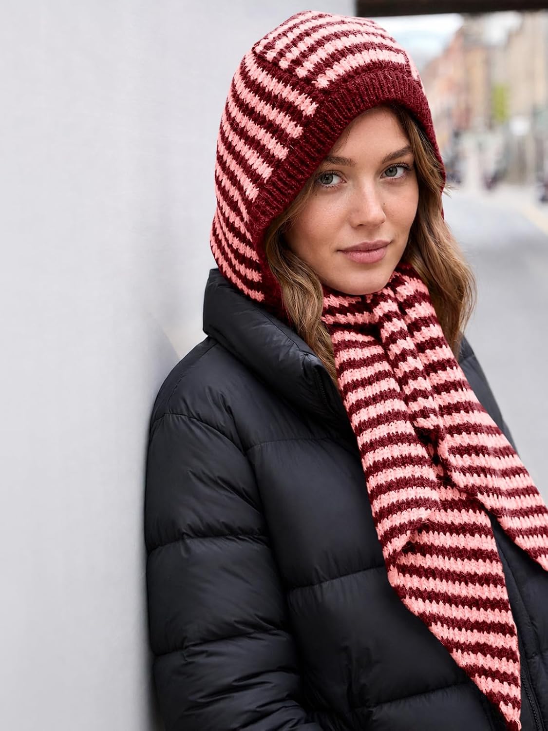 Saodimallsu Womens Striped Hooded Scarf Knit Hat Winter Warm Neck Wrap