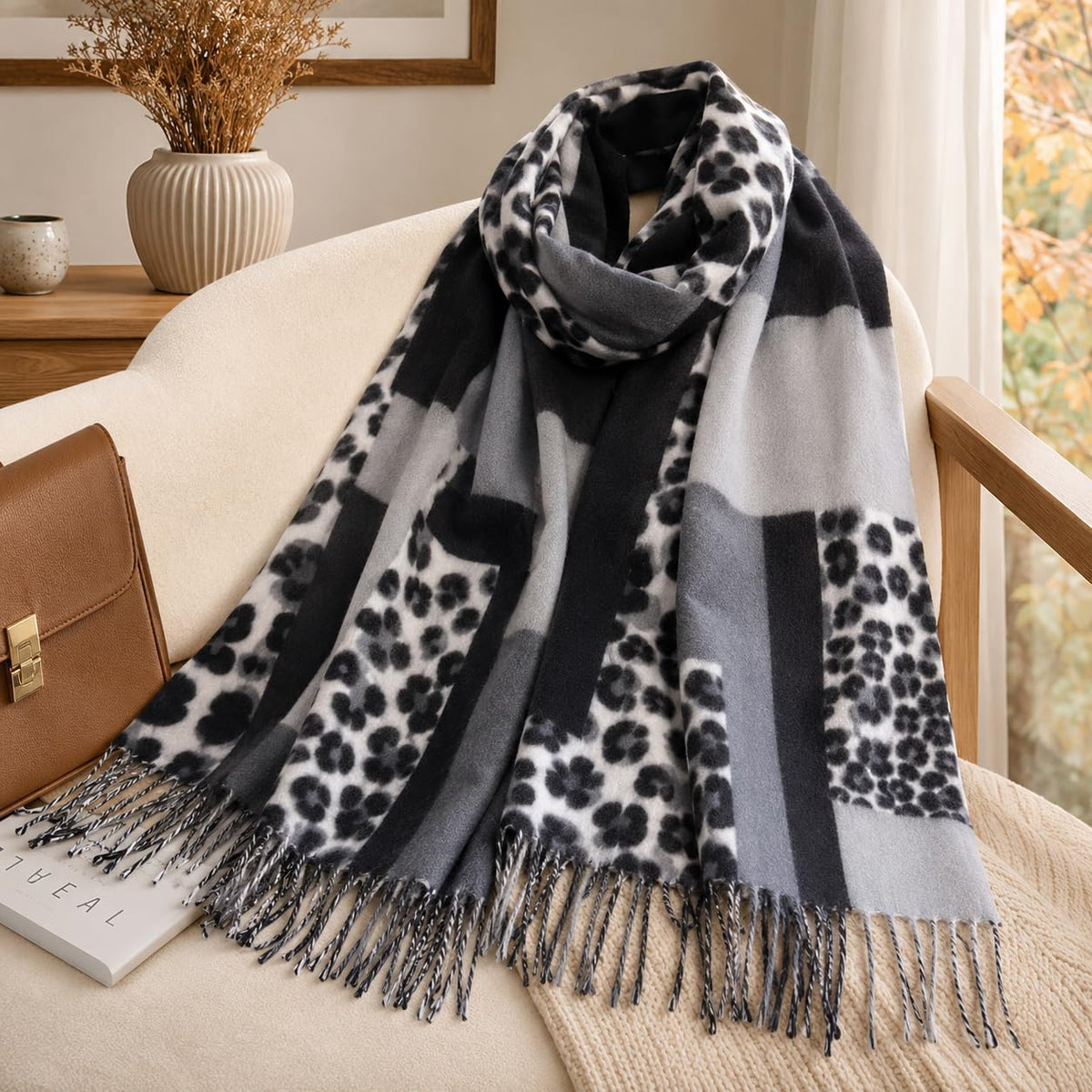 Women's Leopard-Winter-Scarf, Soft Warm Patchwork Long-Shawl-Wrap for Cold Weather(27.5 x 70.5'')