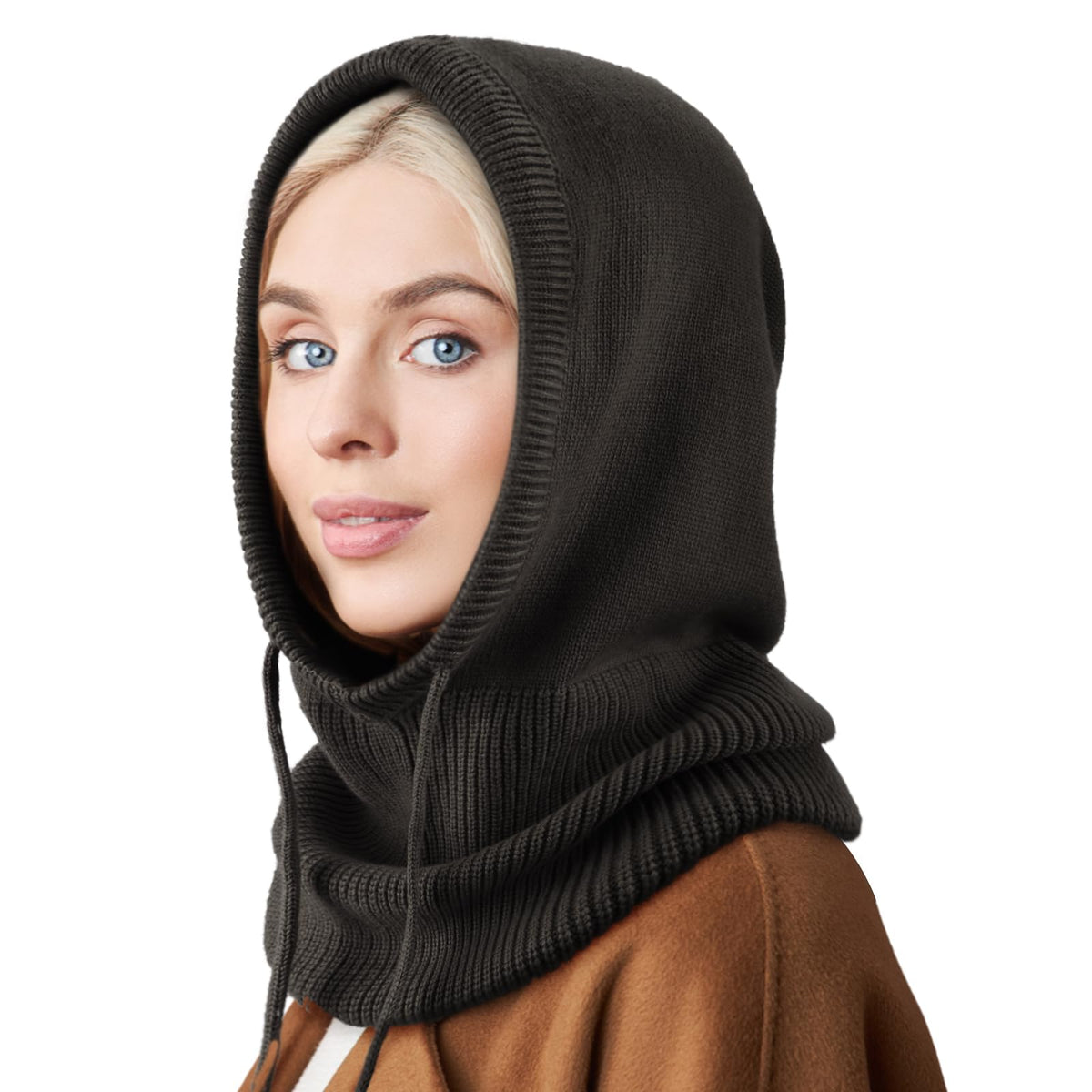 Hooded Scarf Hat Knit Balaclava Women Beanie Skull Cap with Drawstring Warm Winter Hats for Women Men Outdoor Sports
