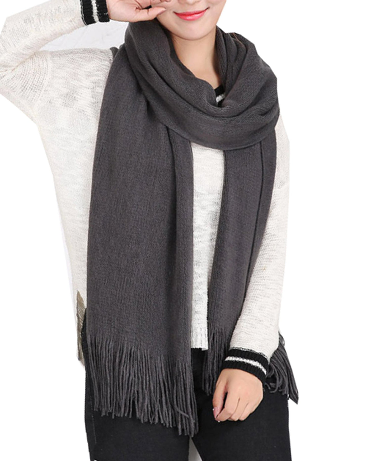 Wander Agio Women's Warm Long Scarves Winter Scarfs Faux Wool Pure Color Scarf Tassel