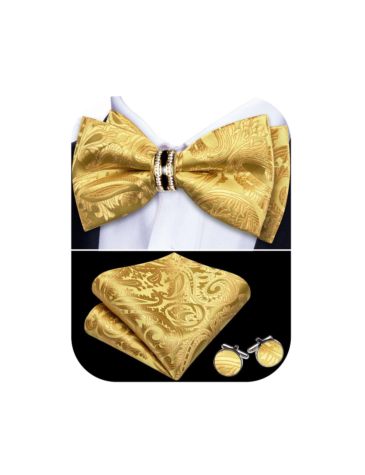 YOHOWA Bow Tie Set Men Paisley Pre-tied Silk Bowties with Gold Drilled Ring