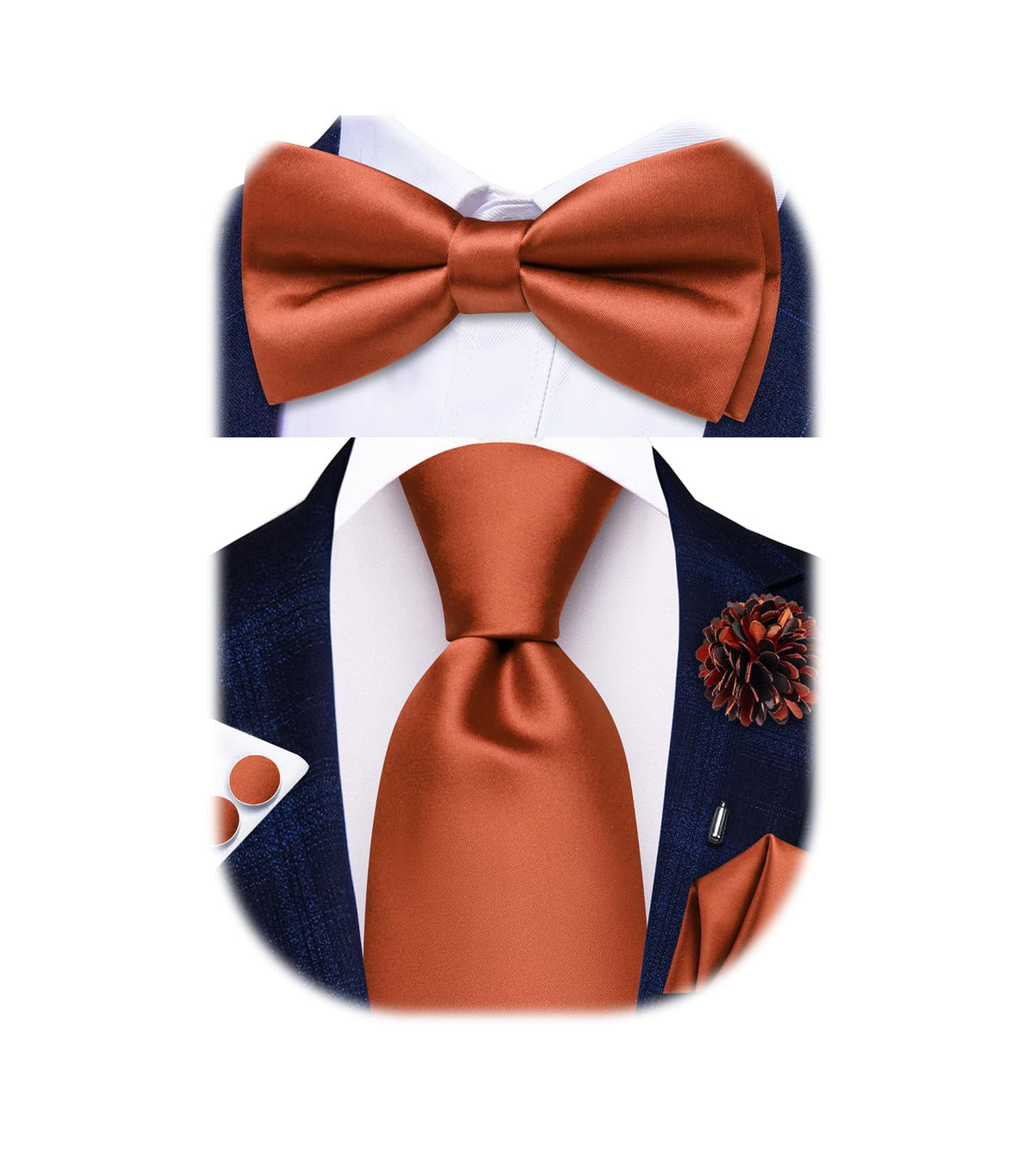 5Pcs Mens Solid Tie Satin Bowtie Lapel Pin Handkerchief Cufflink