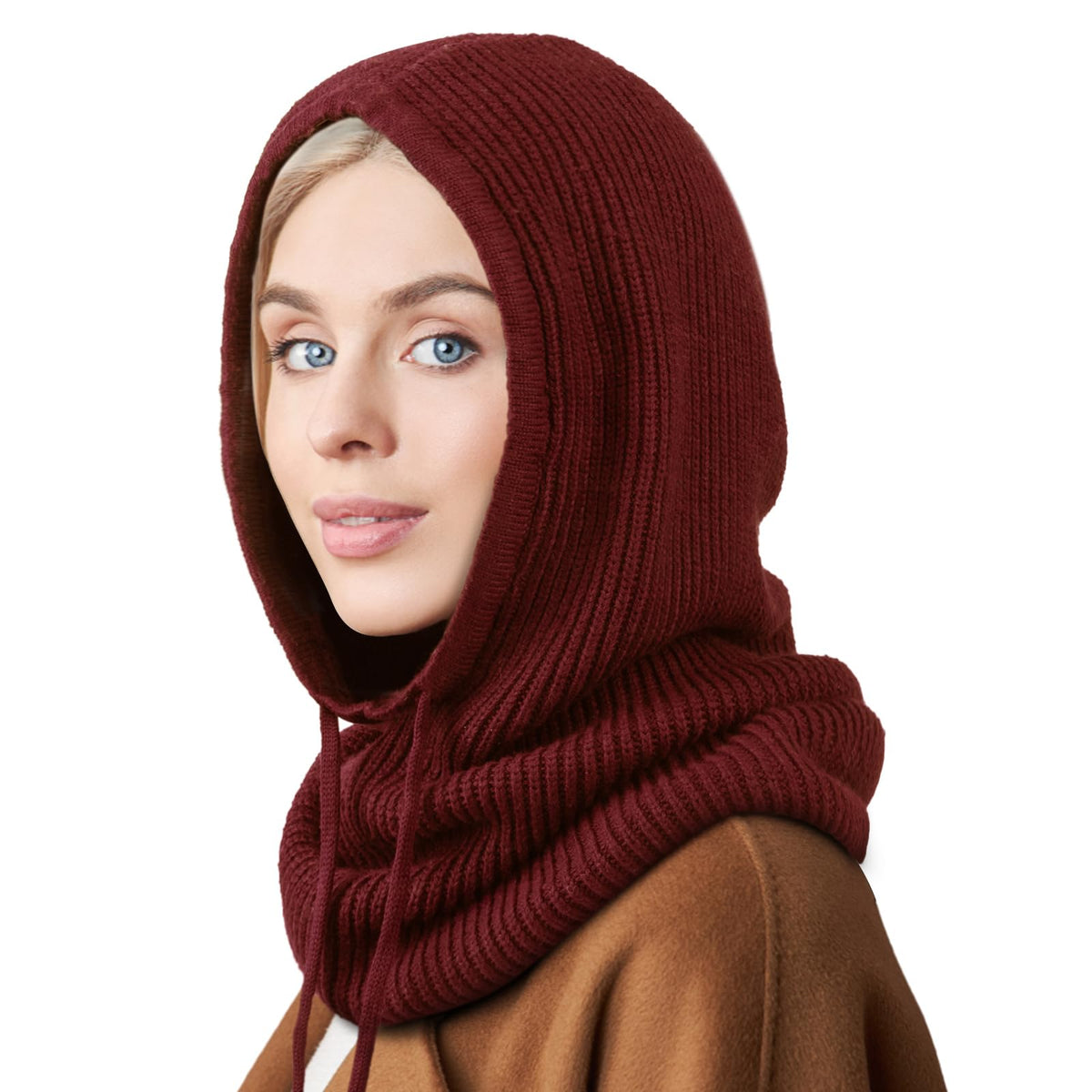 Hooded Scarf Hat Knit Balaclava Women Beanie Skull Cap with Drawstring Warm Winter Hats for Women Men Outdoor Sports