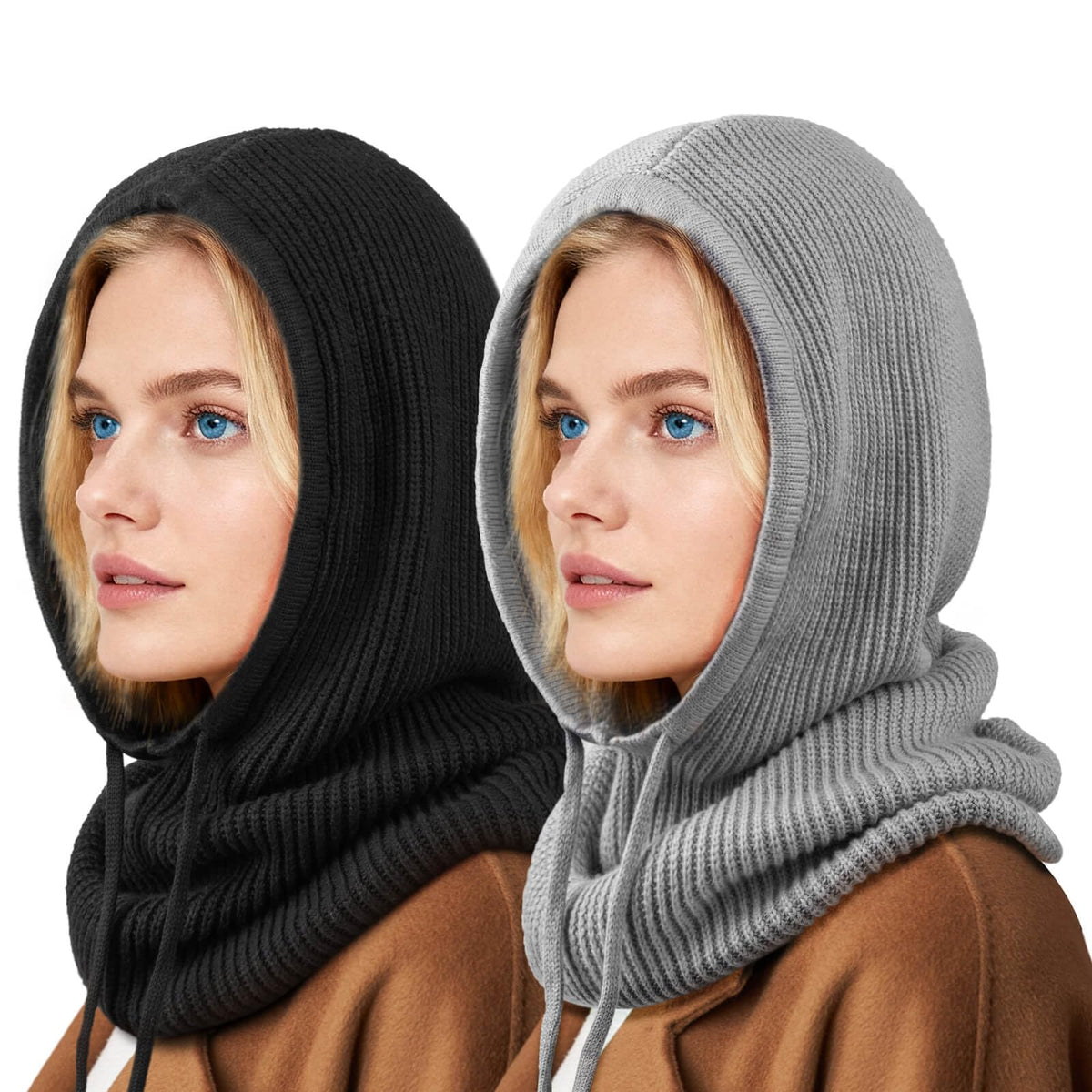 Hooded Scarf Hat Knit Balaclava Women Beanie Skull Cap with Drawstring Warm Winter Hats for Women Men Outdoor Sports