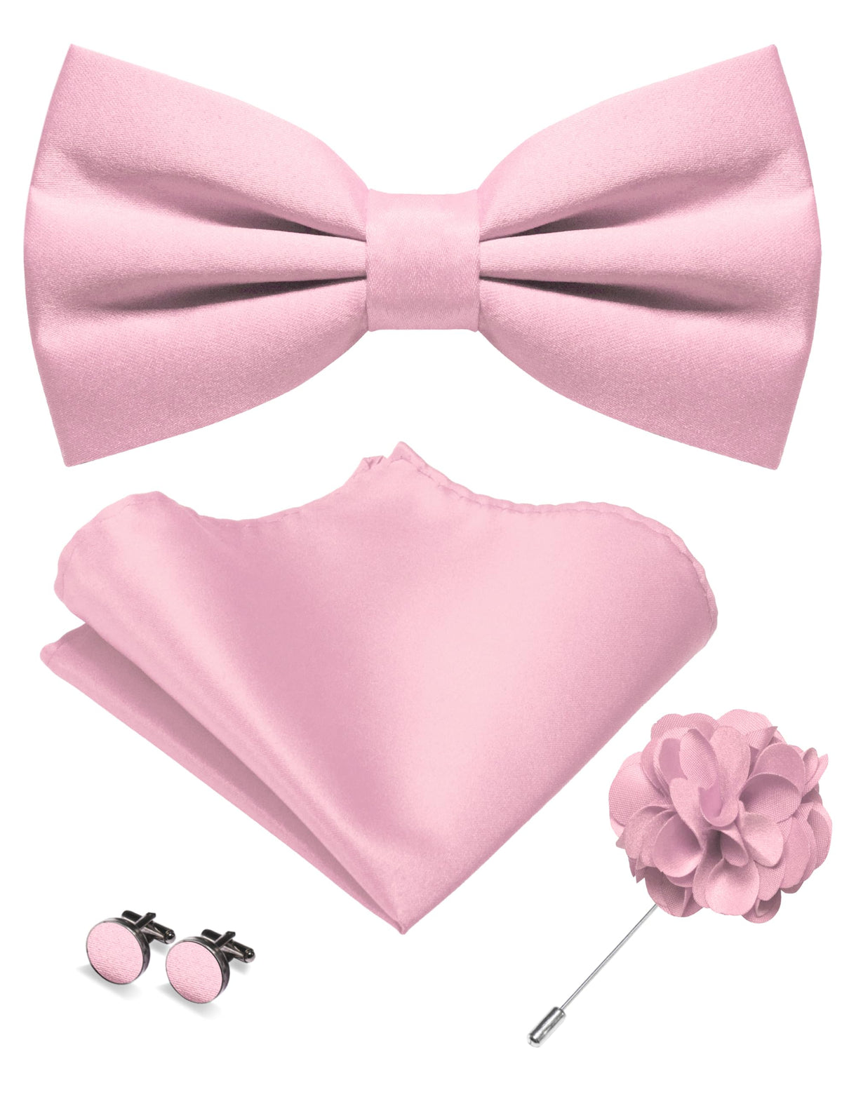 JEMYGINS Solid Color Pre-tied Bow Tie and Pocket Square Cufflinks Lapel Pin Sets for Men 4PCS