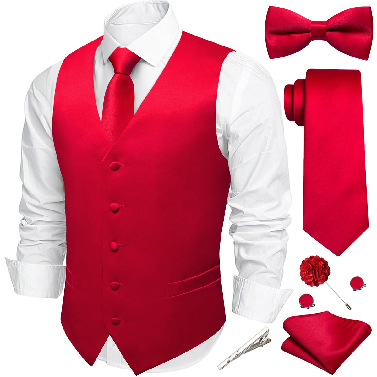Barry.Wang Men's Suit Vest Tie Bowtie Hanky Cufflinks Clip Brooch 7PCS