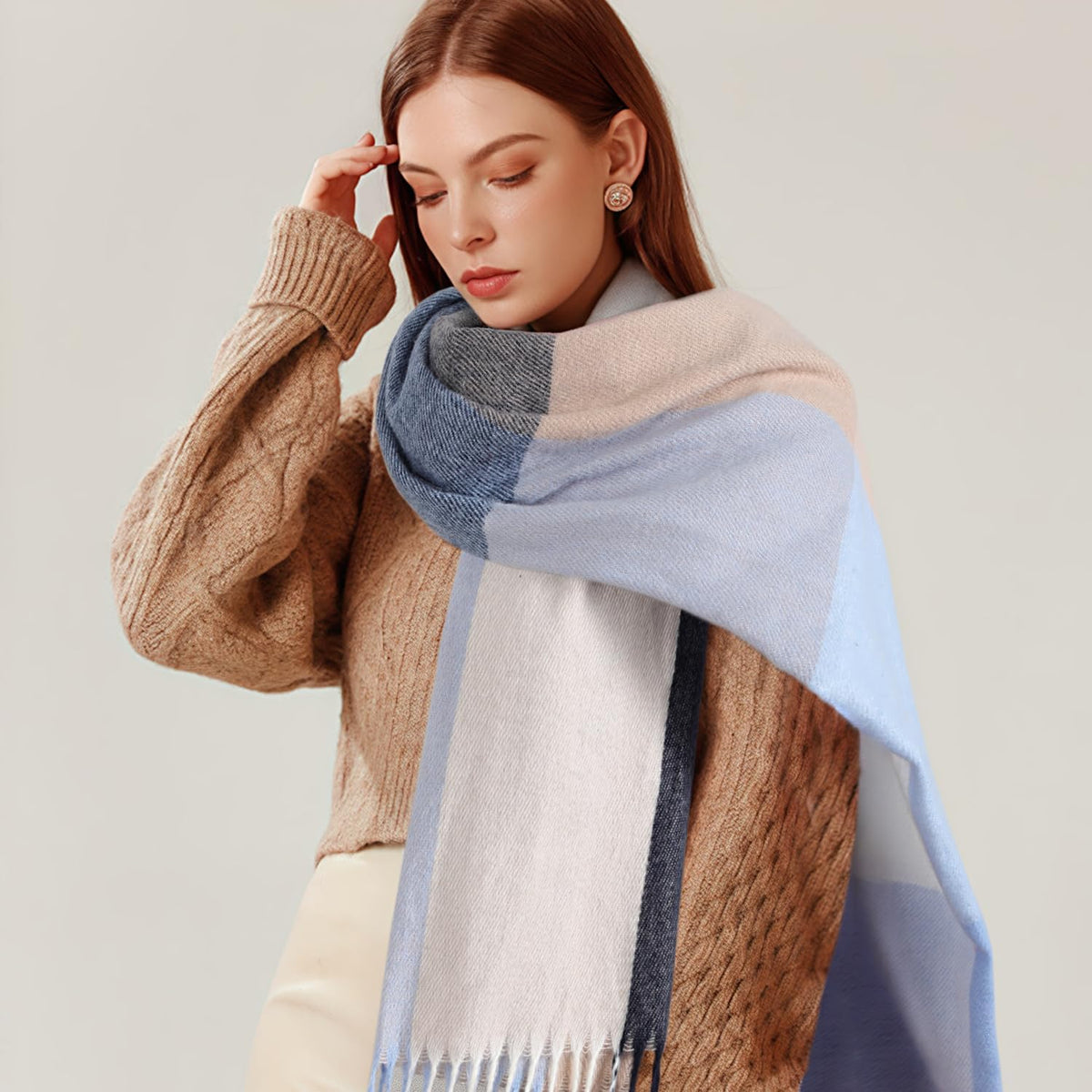 Trifabricy Womens Winter Scarf, Plaid Blanket Scarf, Cozy Pashmina Shawl