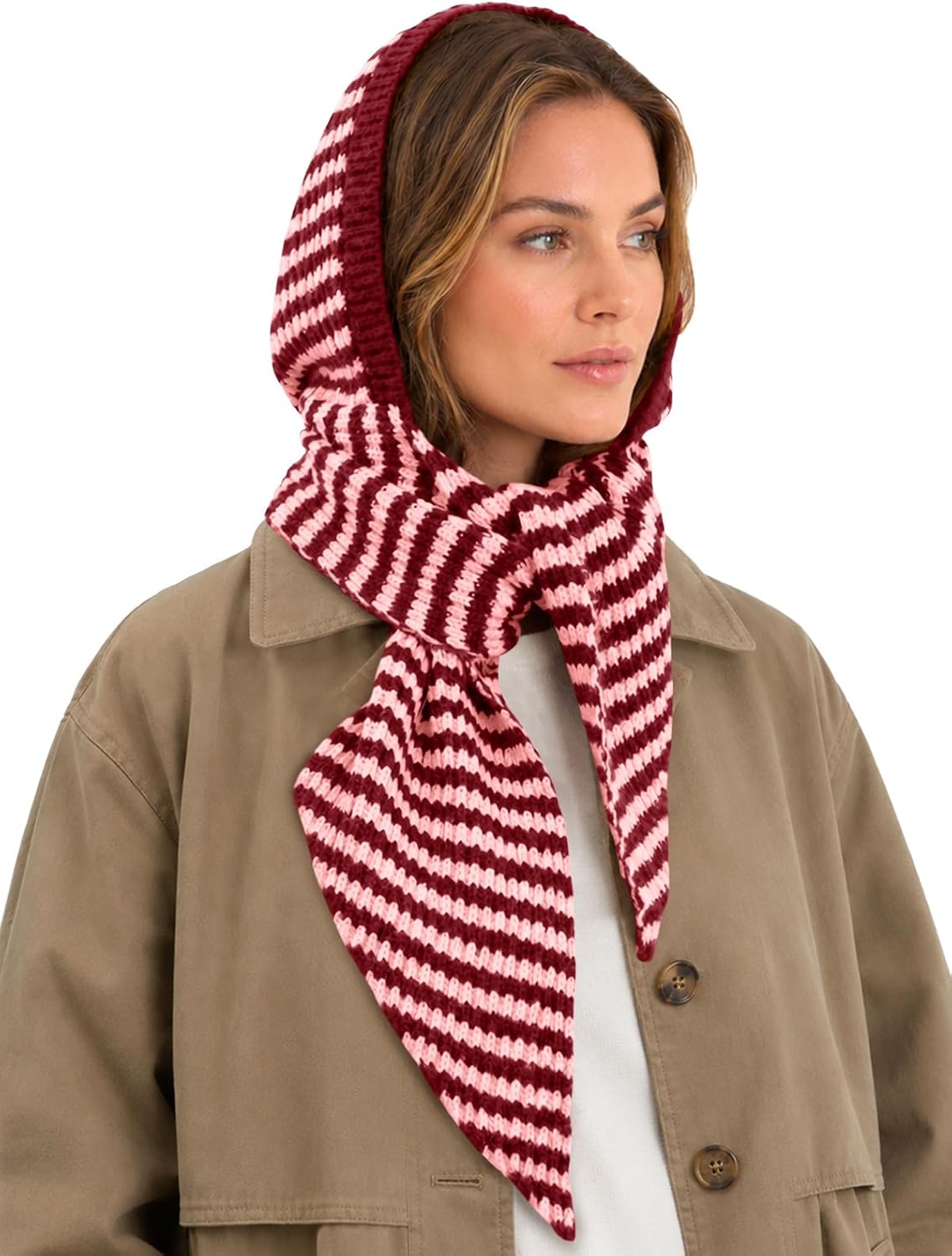 Saodimallsu Womens Striped Hooded Scarf Knit Hat Winter Warm Neck Wrap