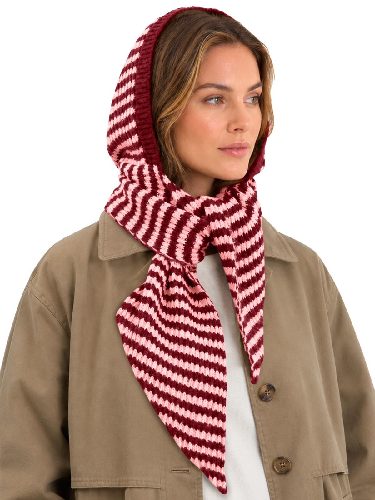 Saodimallsu Womens Striped Hooded Scarf Knit Hat Winter Warm Neck Wrap