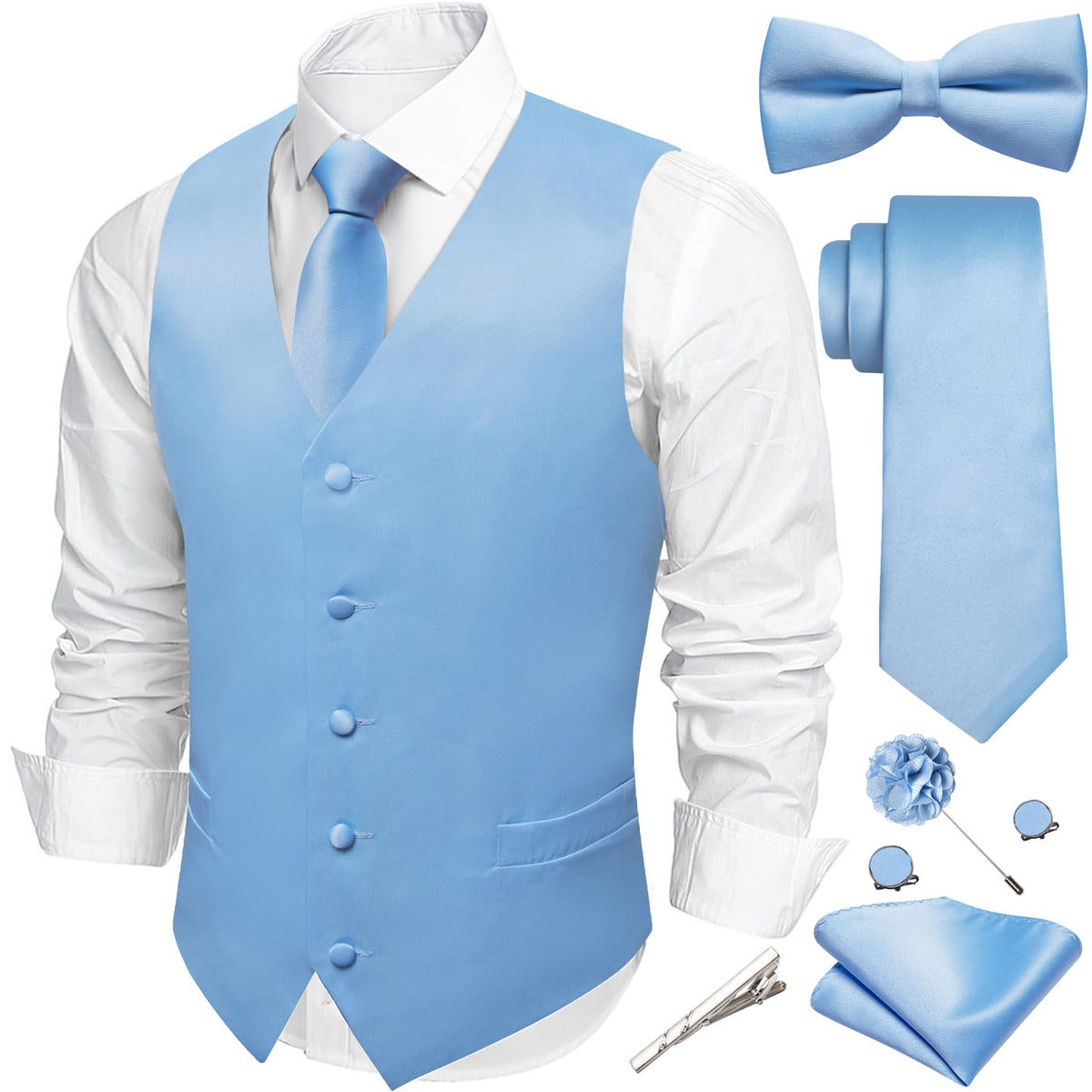 Barry.Wang Men's Suit Vest Tie Bowtie Hanky Cufflinks Clip Brooch 7PCS