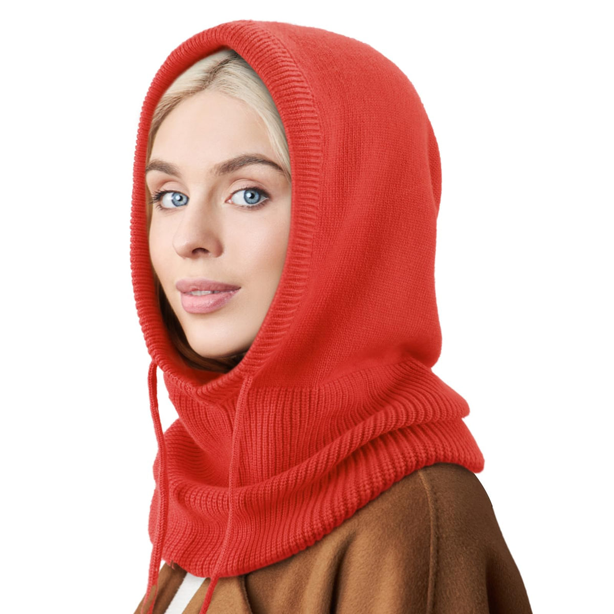 Hooded Scarf Hat Knit Balaclava Women Beanie Skull Cap with Drawstring Warm Winter Hats for Women Men Outdoor Sports