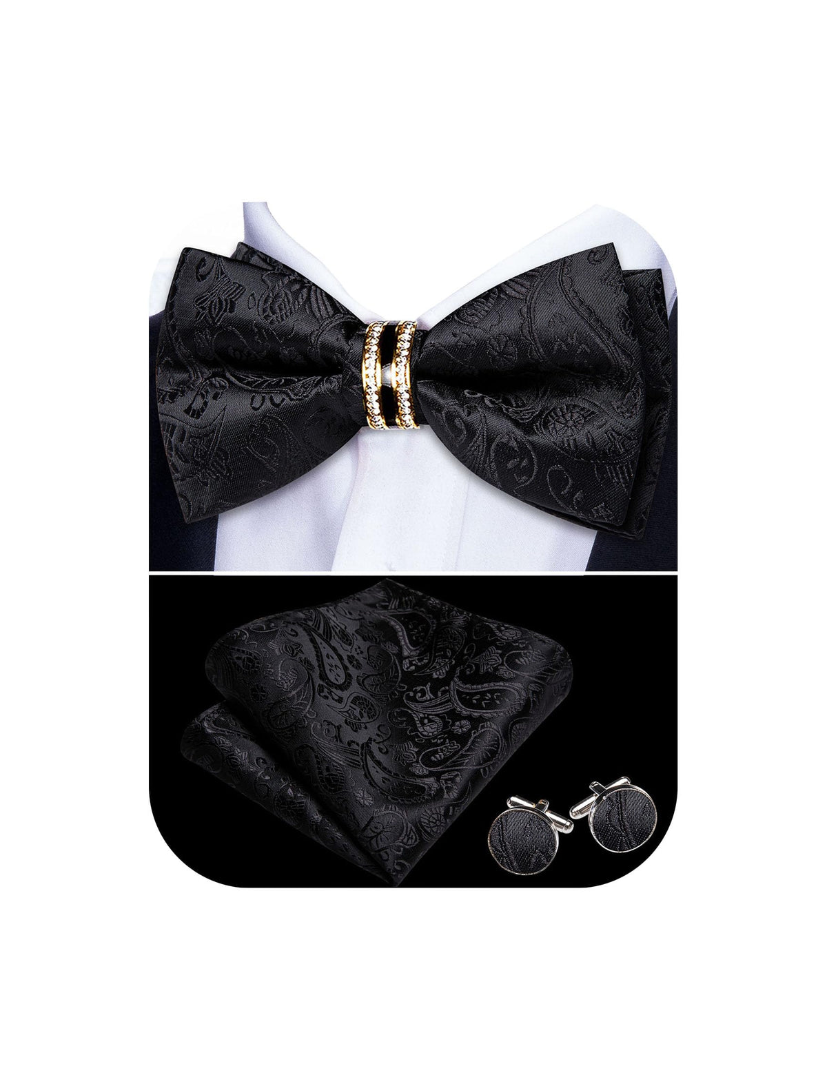 YOHOWA Bow Tie Set Men Paisley Pre-tied Silk Bowties with Gold Drilled Ring
