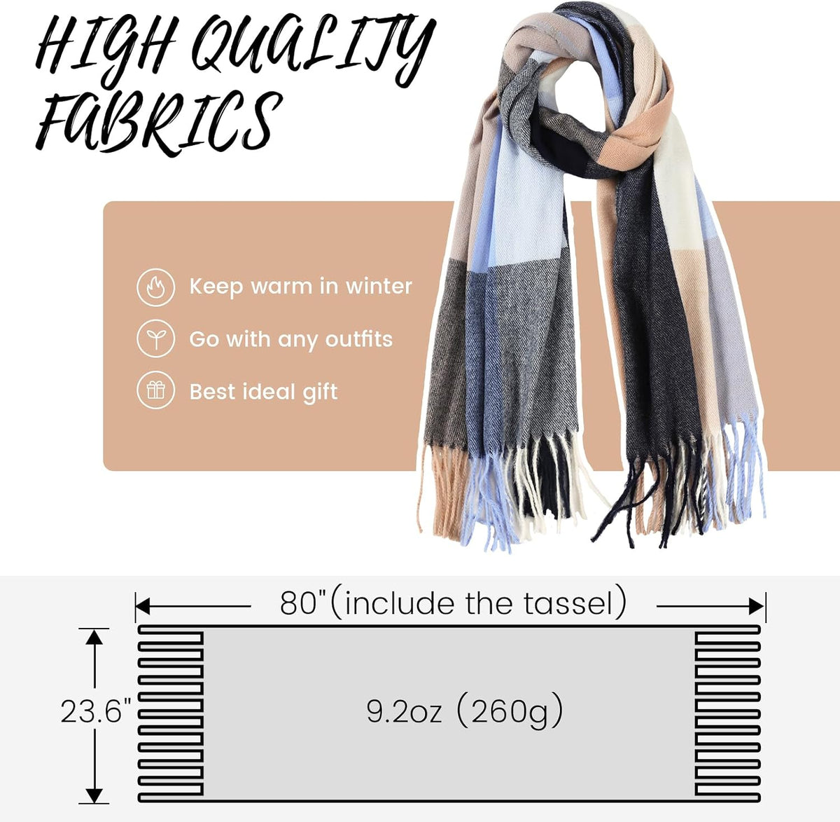 Trifabricy Womens Winter Scarf, Plaid Blanket Scarf, Cozy Pashmina Shawl