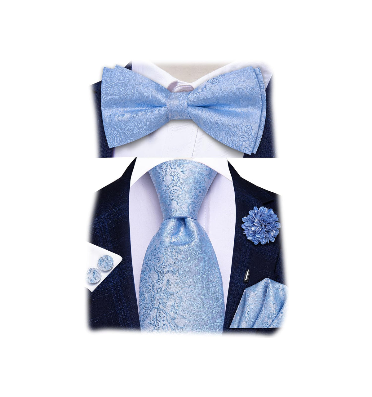 5Pcs Mens Solid Tie Satin Bowtie Lapel Pin Handkerchief Cufflink