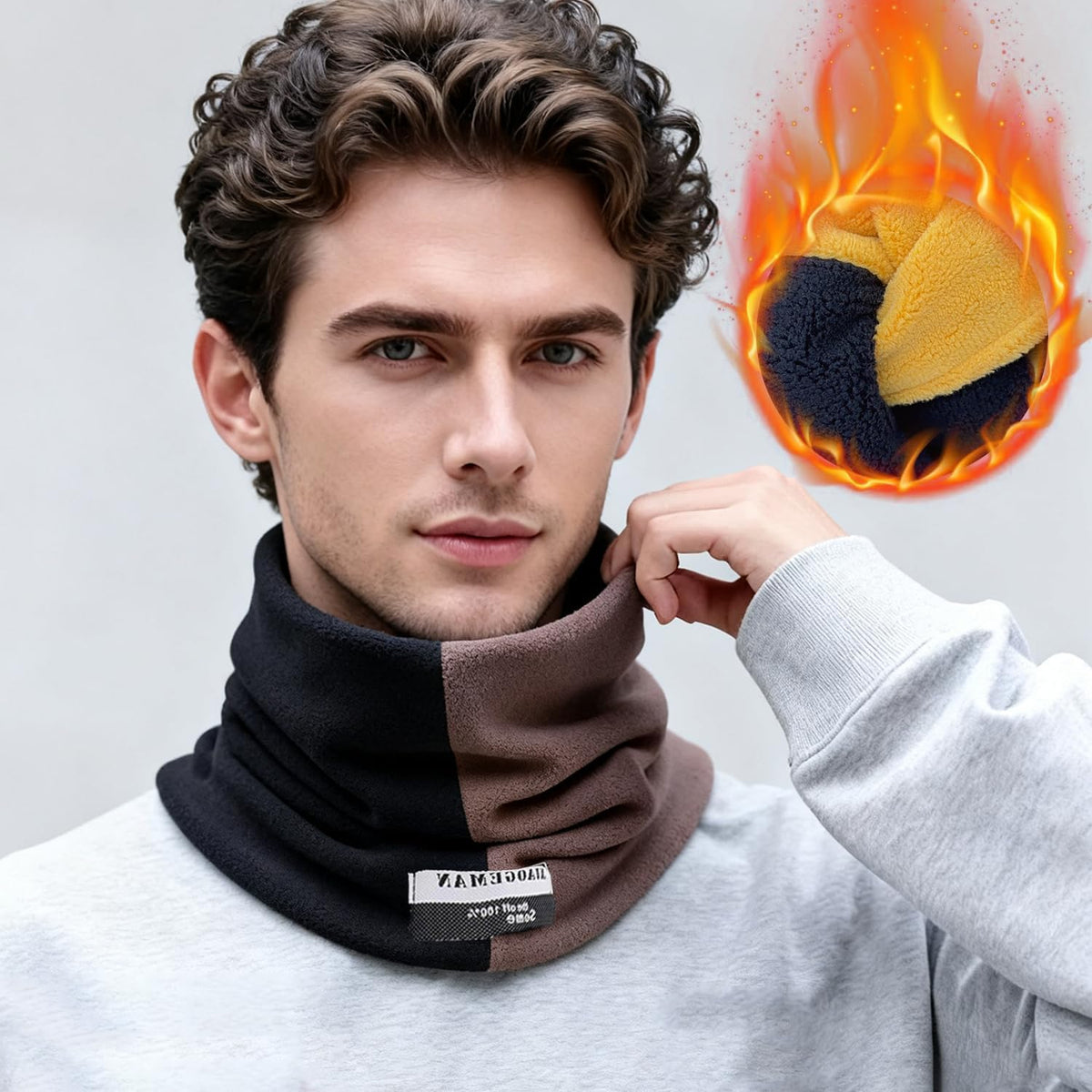 Two-Tone Color Combination Nylon Warm Scarf Thick Nylon Women Men Round Scarves Winter Neck Warmer Winter Gifts for Friends (Blue-Brown, 23x24cm)