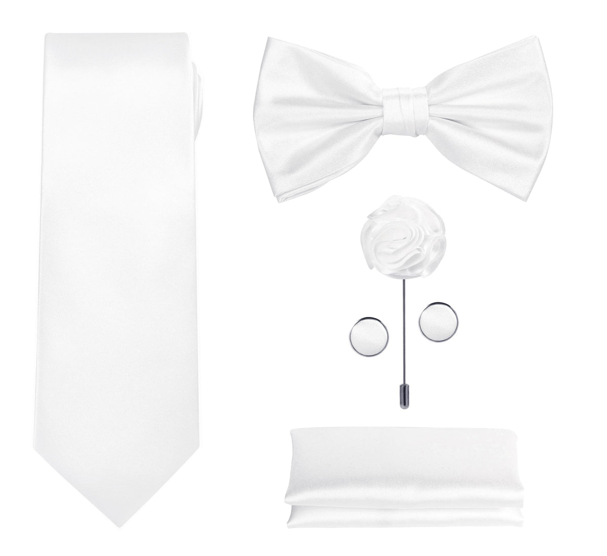 TIE G 5pcs Tie Set in WHITE OR BLACK GIFT BOX: Solid Color Necktie, Satin Bow Tie, Pocket Square, Lapel, Cuff Links