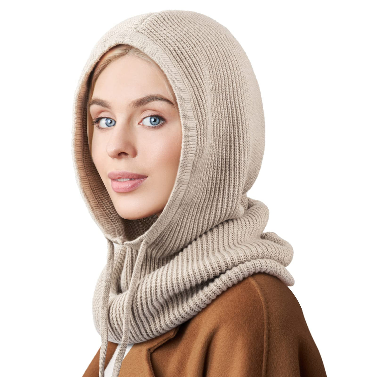 Hooded Scarf Hat Knit Balaclava Women Beanie Skull Cap with Drawstring Warm Winter Hats for Women Men Outdoor Sports