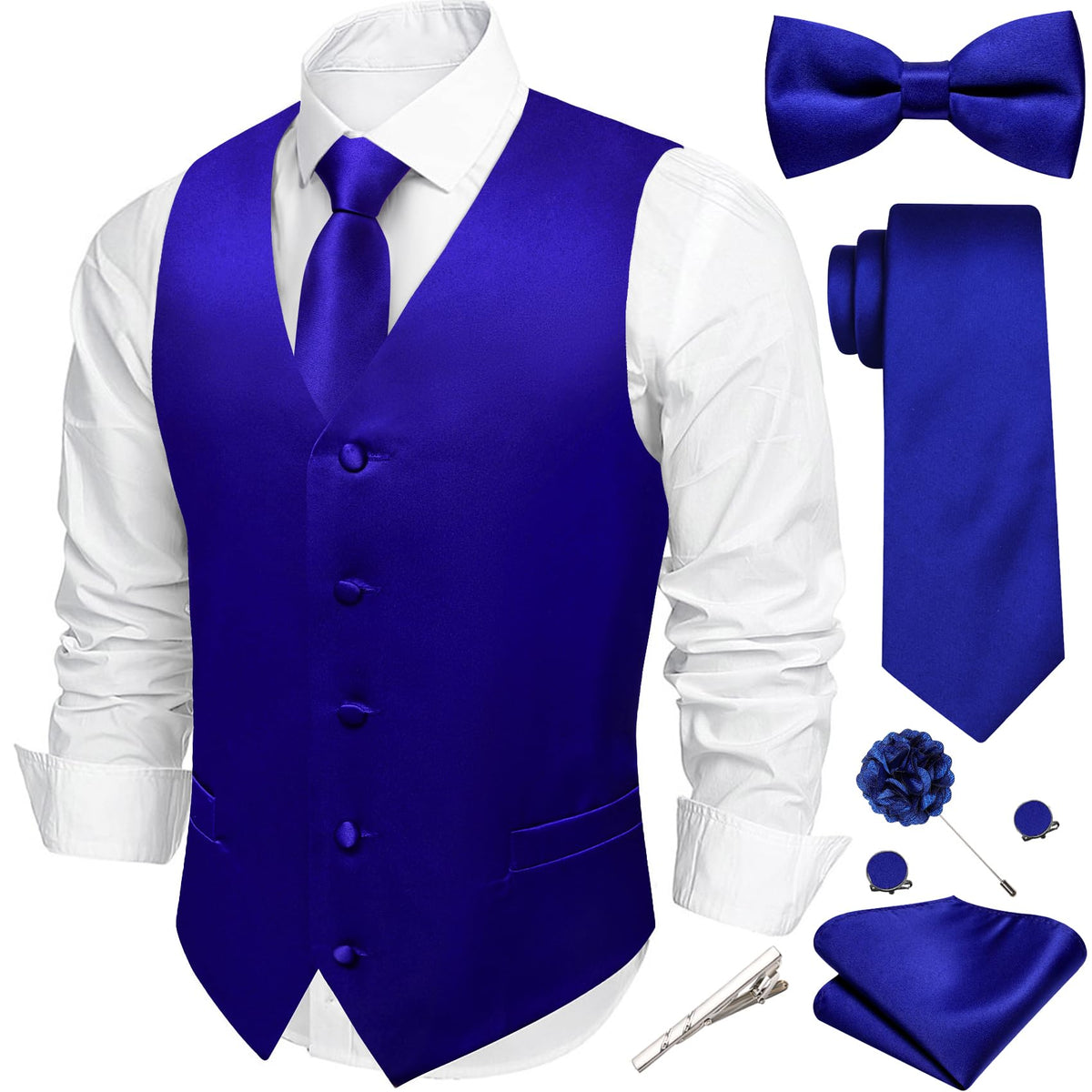 Barry.Wang Men's Suit Vest Tie Bowtie Hanky Cufflinks Clip Brooch 7PCS