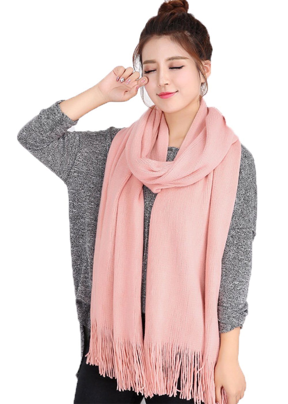 Wander Agio Women's Warm Long Scarves Winter Scarfs Faux Wool Pure Color Scarf Tassel