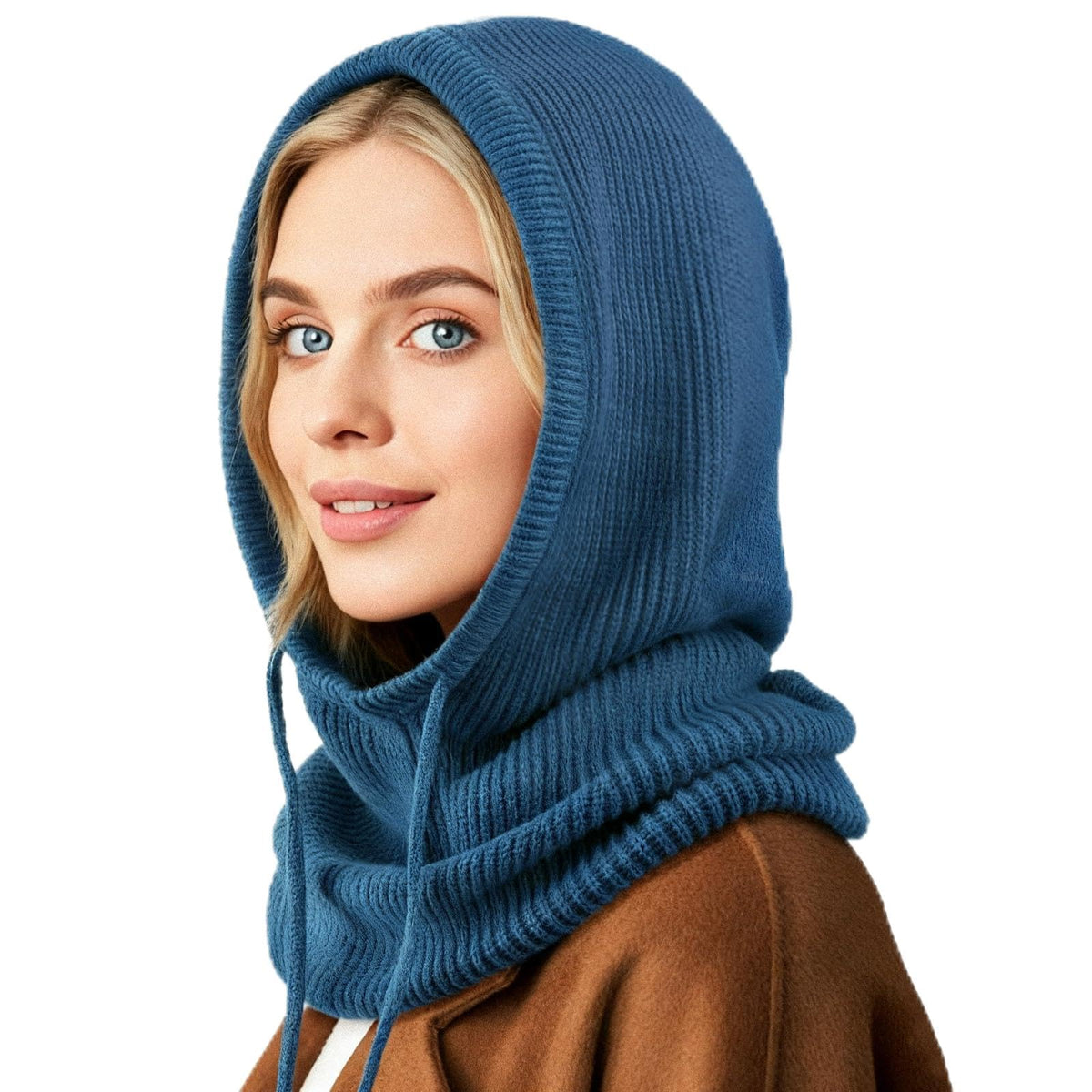 Hooded Scarf Hat Knit Balaclava Women Beanie Skull Cap with Drawstring Warm Winter Hats for Women Men Outdoor Sports
