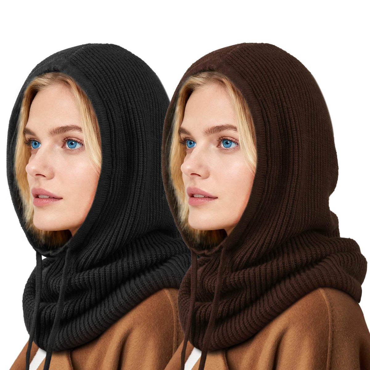 Hooded Scarf Hat Knit Balaclava Women Beanie Skull Cap with Drawstring Warm Winter Hats for Women Men Outdoor Sports