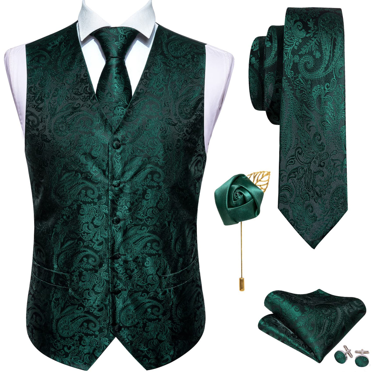 Barry.Wang Men's Suit Vest Tie Bowtie Hanky Cufflinks Clip Brooch 7PCS