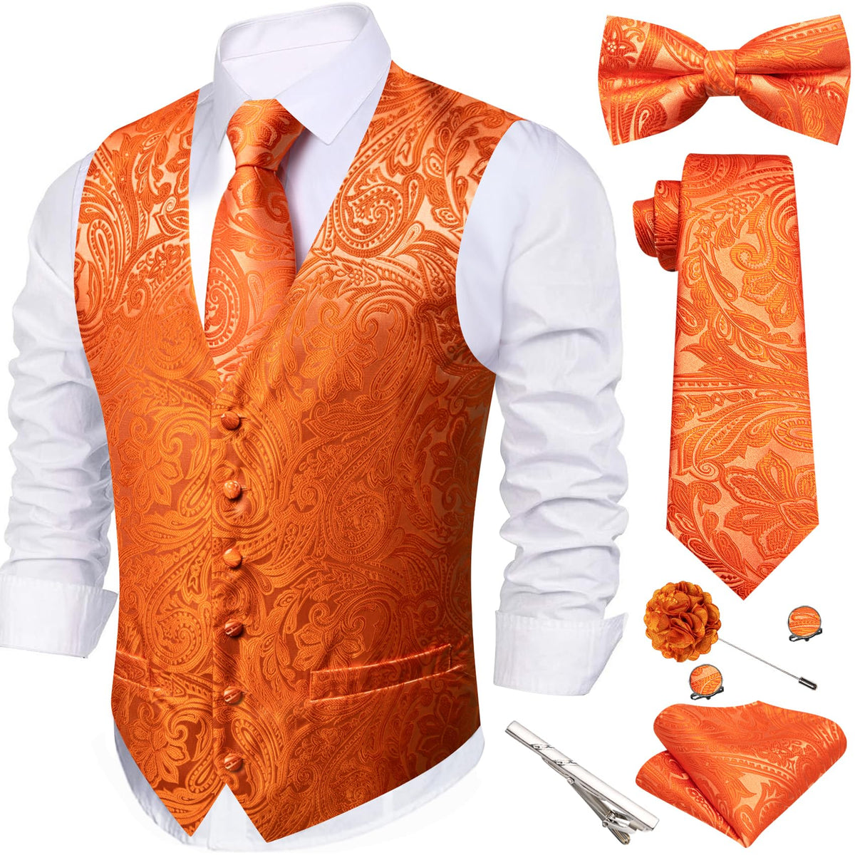 Barry.Wang Men's Suit Vest Tie Bowtie Hanky Cufflinks Clip Brooch 7PCS