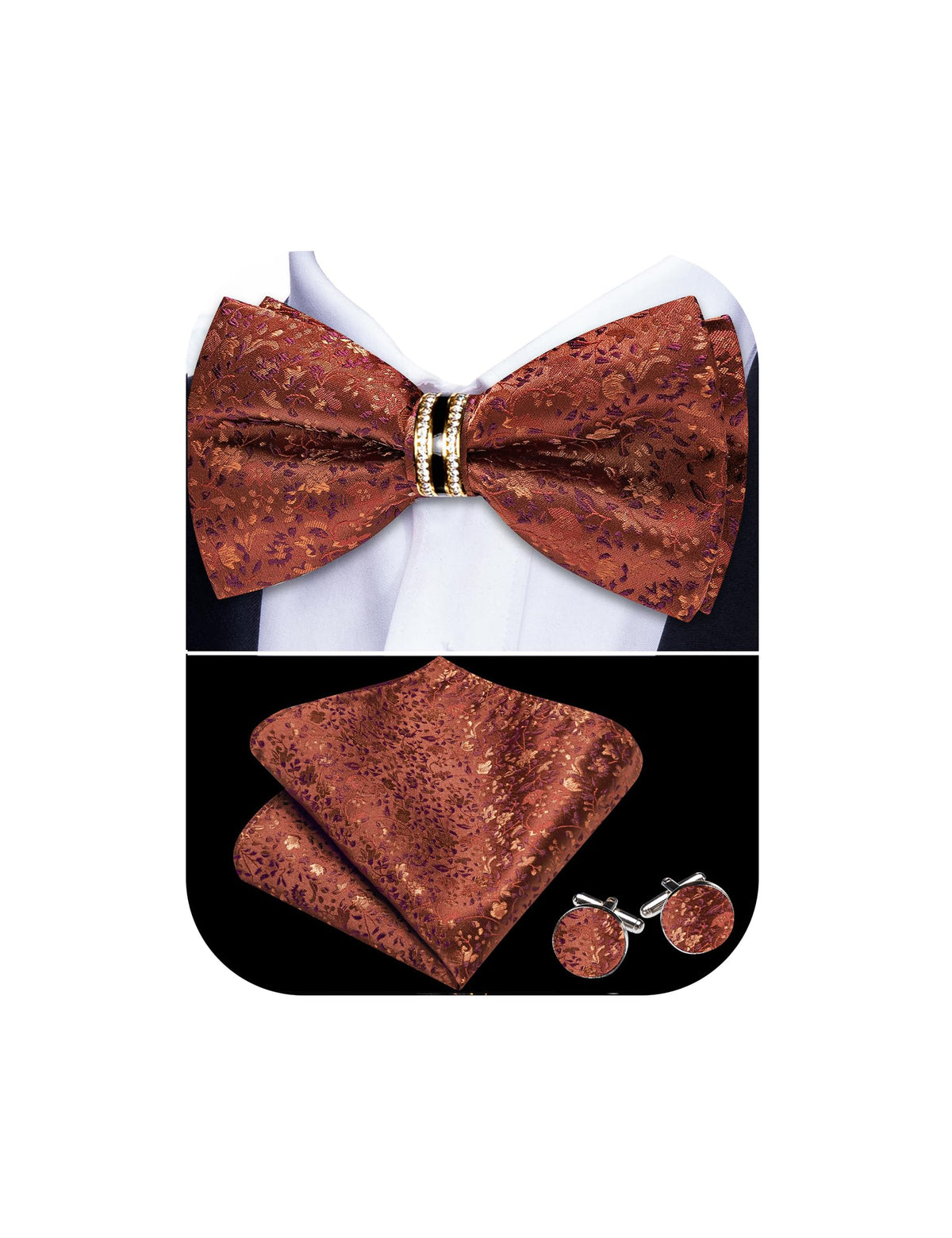 YOHOWA Bow Tie Set Men Paisley Pre-tied Silk Bowties with Gold Drilled Ring