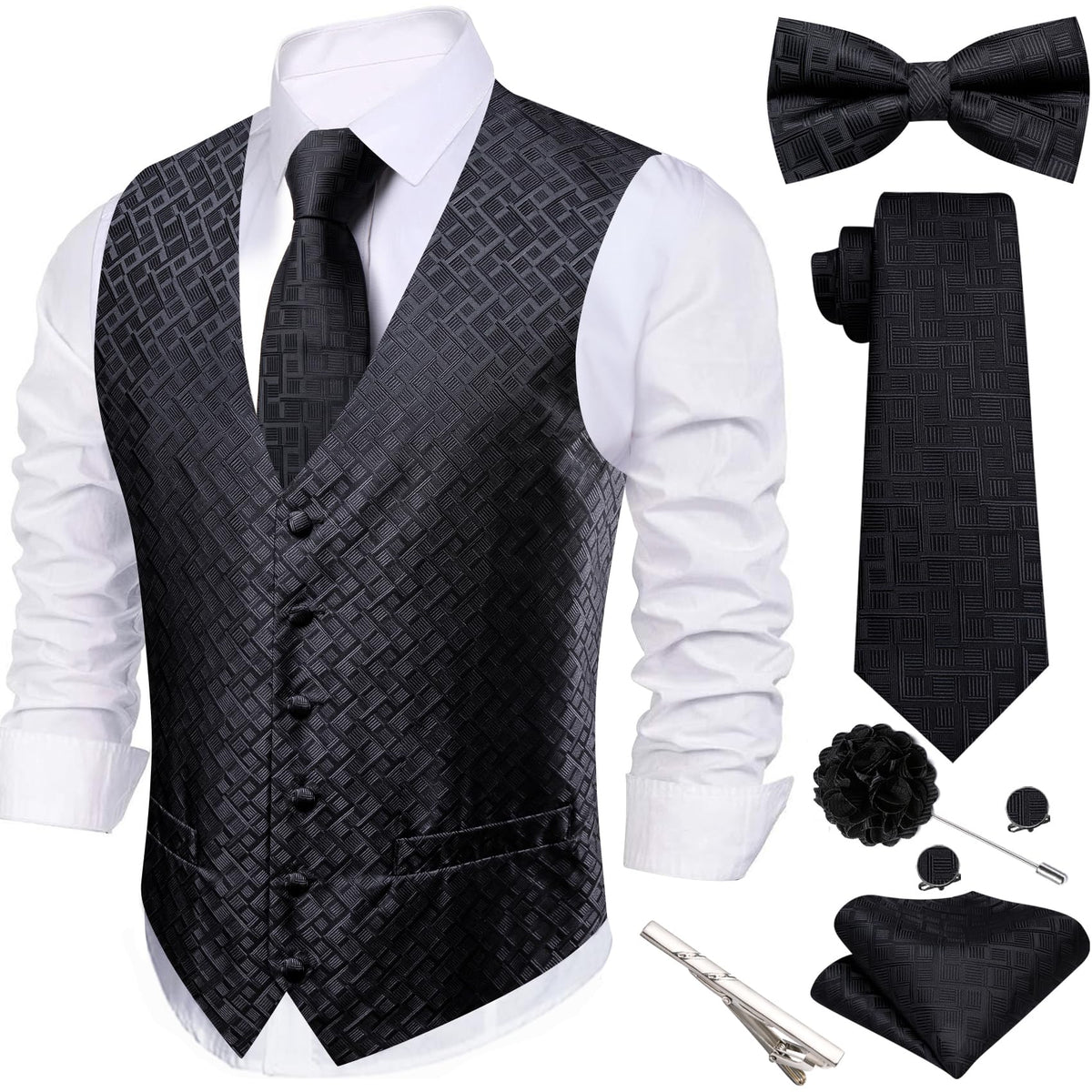 Barry.Wang Men's Suit Vest Tie Bowtie Hanky Cufflinks Clip Brooch 7PCS