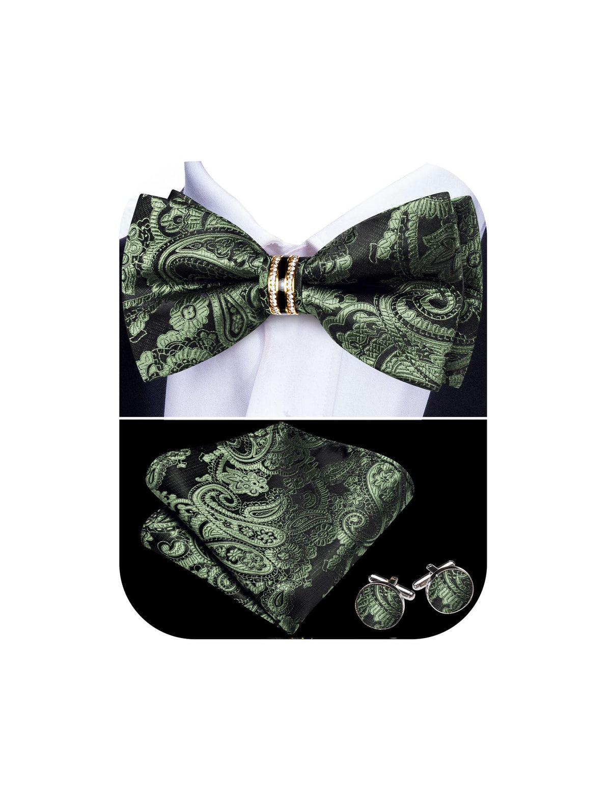 YOHOWA Bow Tie Set Men Paisley Pre-tied Silk Bowties with Gold Drilled Ring