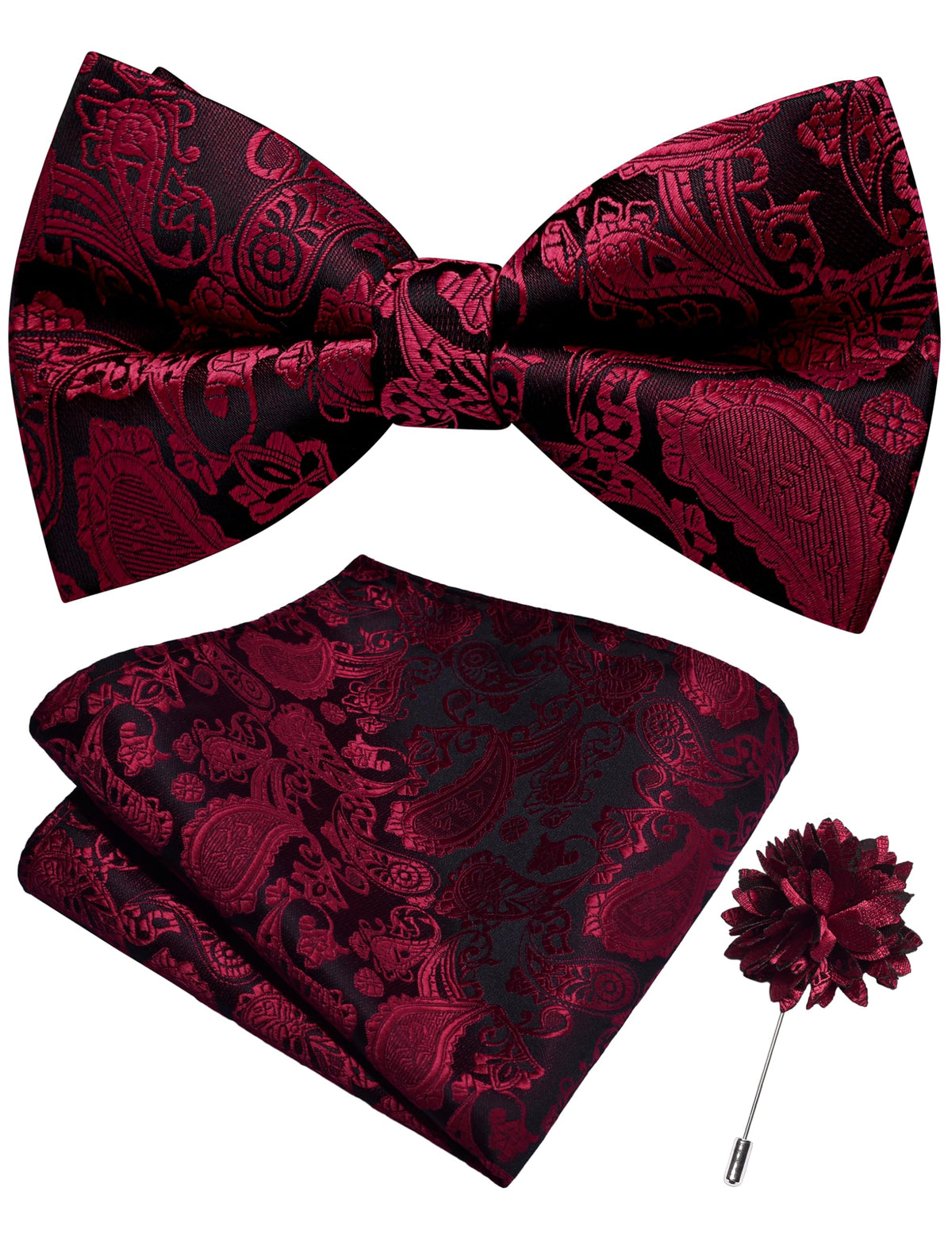 Branduce Paisley Pre-tied Bow Tie and Pocket Square Lapel Pin Set for Men