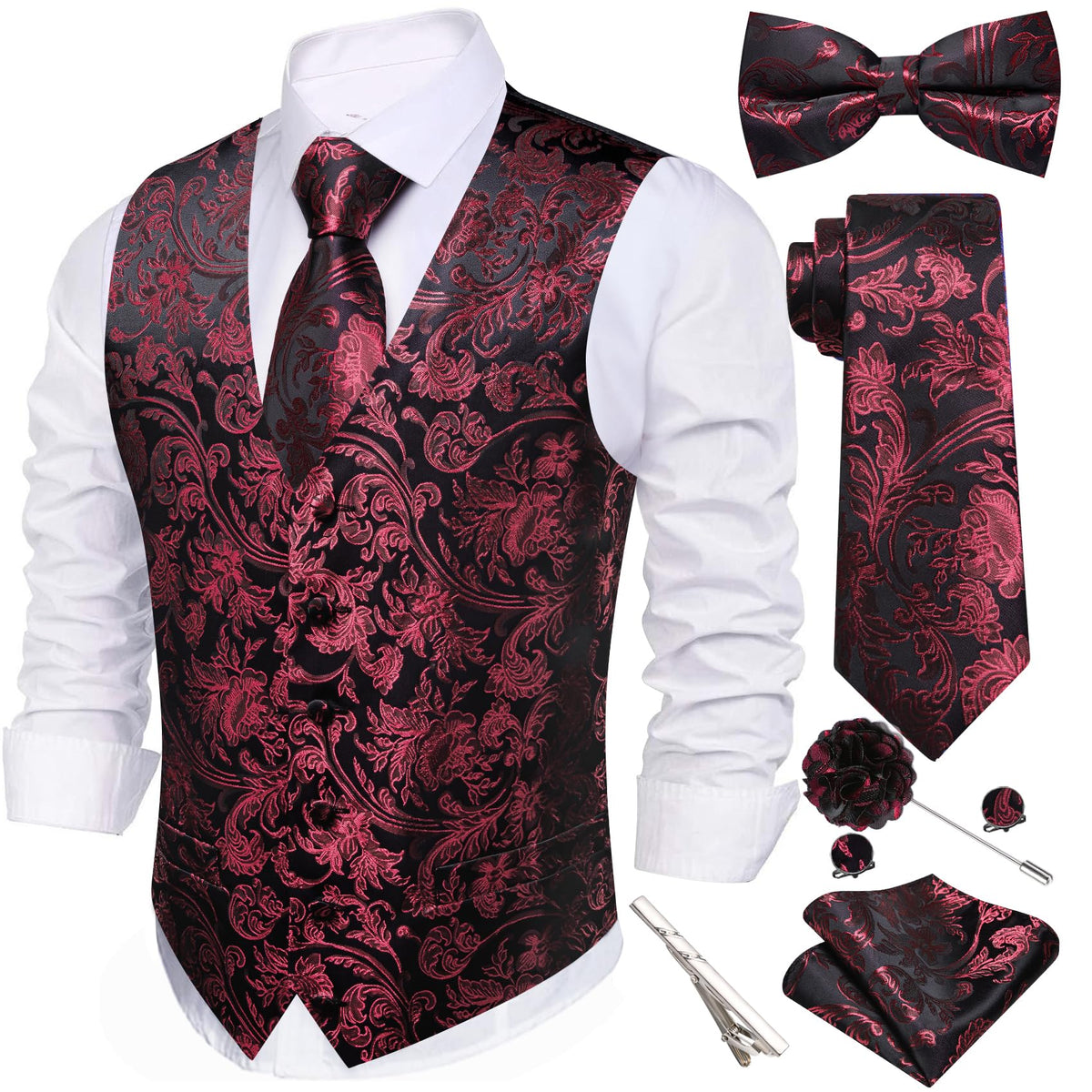Barry.Wang Men's Suit Vest Tie Bowtie Hanky Cufflinks Clip Brooch 7PCS