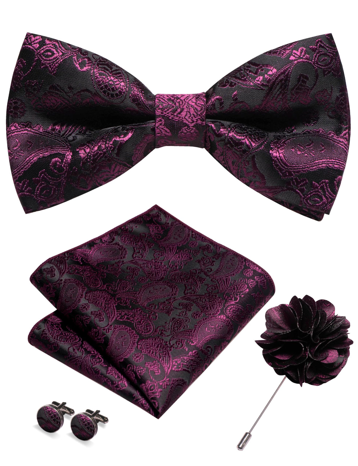 JEMYGINS Paisley Pre-tied Bow Tie and Pocket Square Cufflinks Lapel Pin Sets for Men 4PCS
