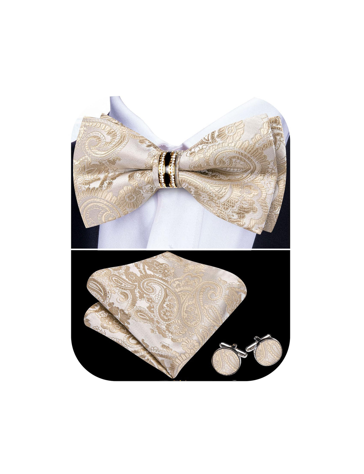 YOHOWA Bow Tie Set Men Paisley Pre-tied Silk Bowties with Gold Drilled Ring