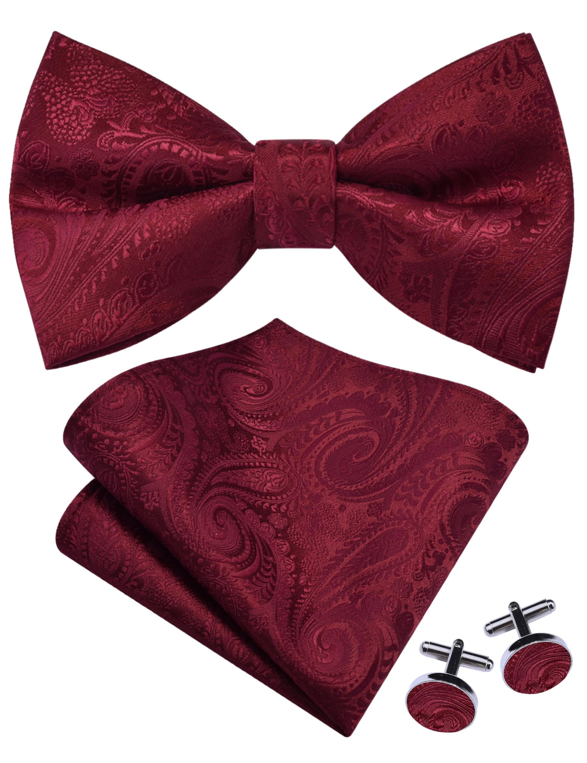 GUSLESON Mens Paisley Pre-Tied Bow Tie Handkerchief Jacquard Woven Adjustable Bowties Pocket Square Cufflinks Set