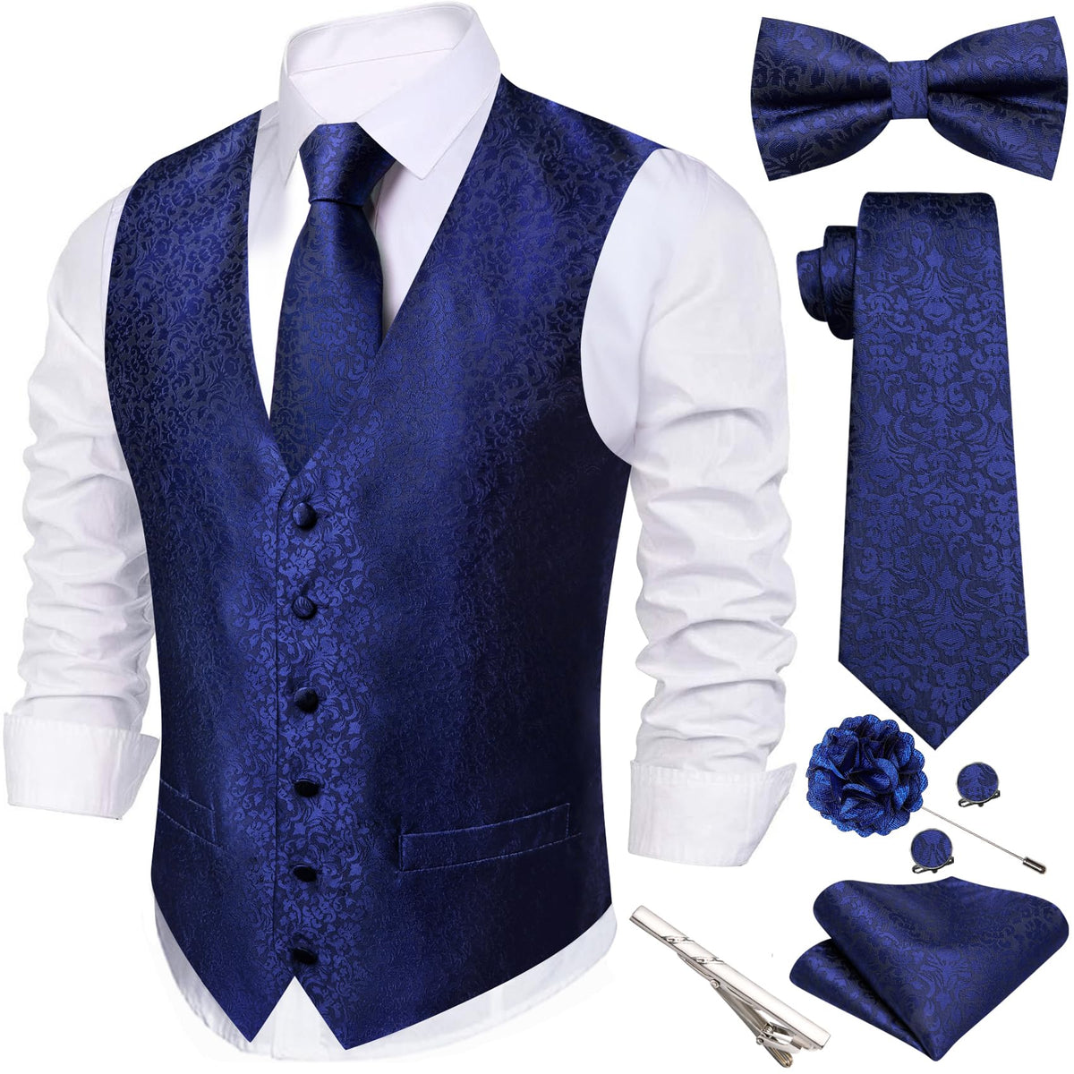 Barry.Wang Men's Suit Vest Tie Bowtie Hanky Cufflinks Clip Brooch 7PCS