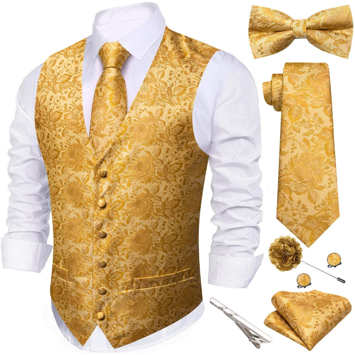 Barry.Wang Men's Suit Vest Tie Bowtie Hanky Cufflinks Clip Brooch 7PCS