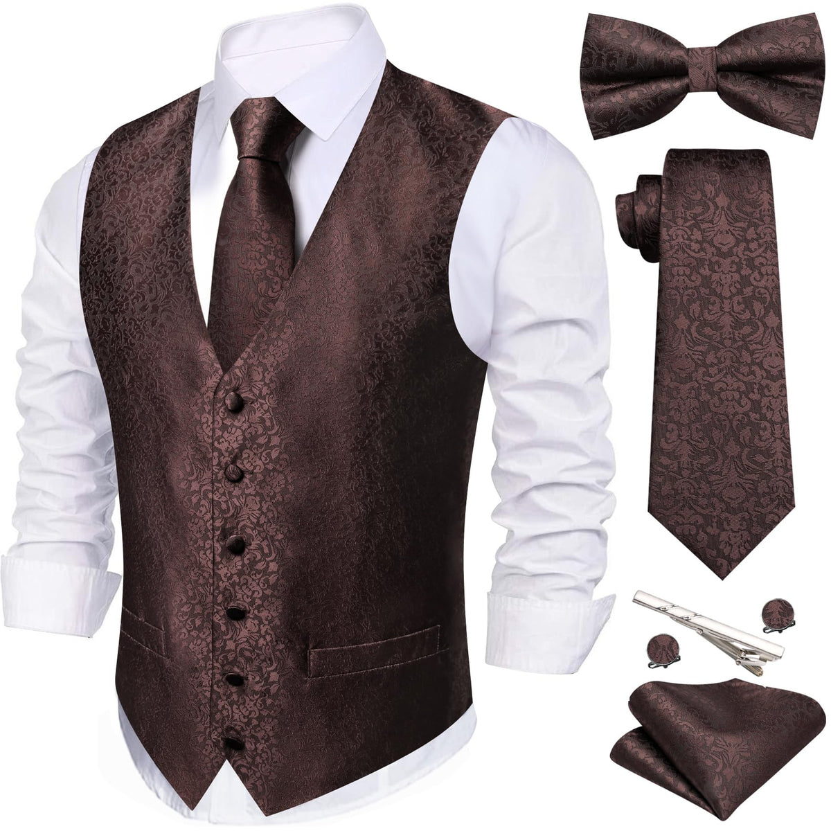 Barry.Wang Men's Suit Vest Tie Bowtie Hanky Cufflinks Clip Brooch 7PCS