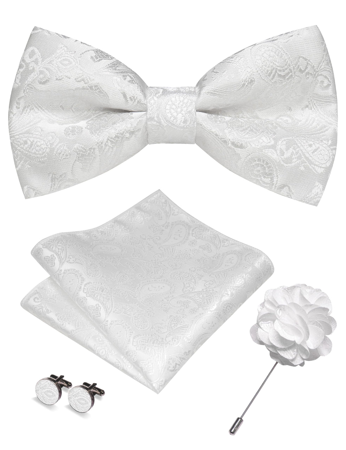 JEMYGINS Paisley Pre-tied Bow Tie and Pocket Square Cufflinks Lapel Pin Sets for Men 4PCS