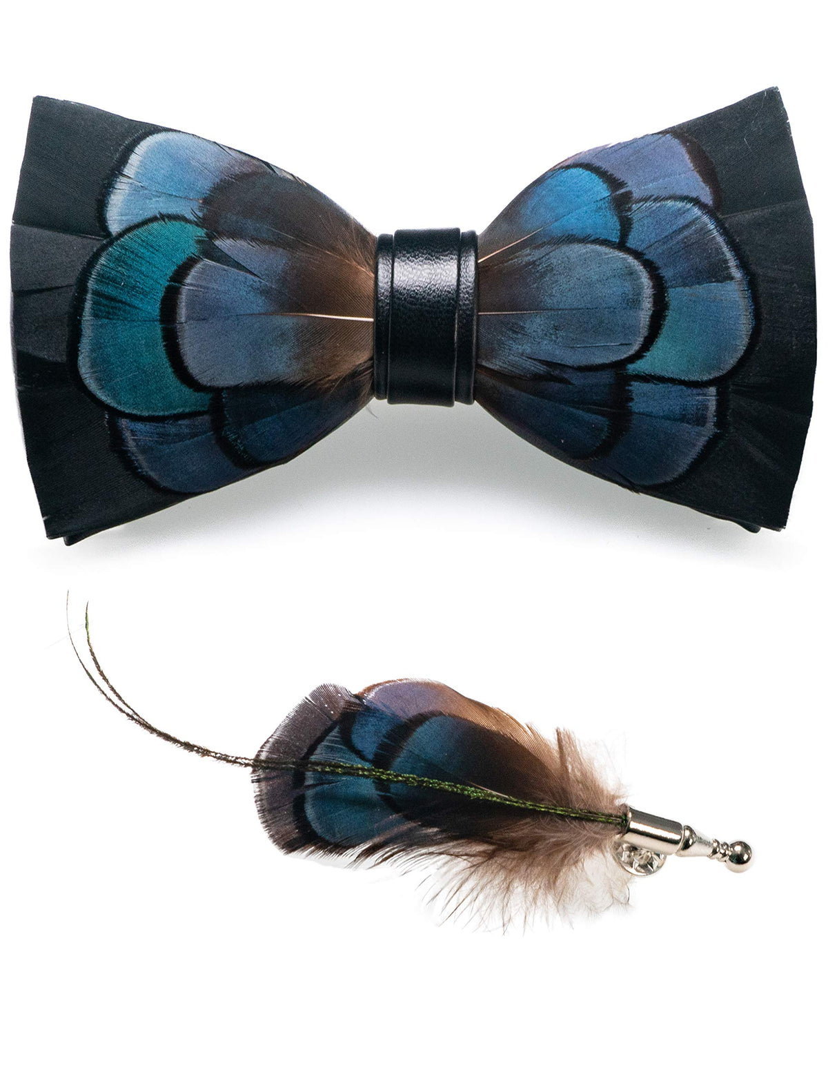 RBOCOTT Handmade Feather Pre-tied Bow tie and Brooch Sets for Men