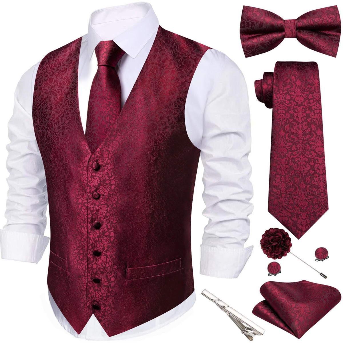 Barry.Wang Men's Suit Vest Tie Bowtie Hanky Cufflinks Clip Brooch 7PCS