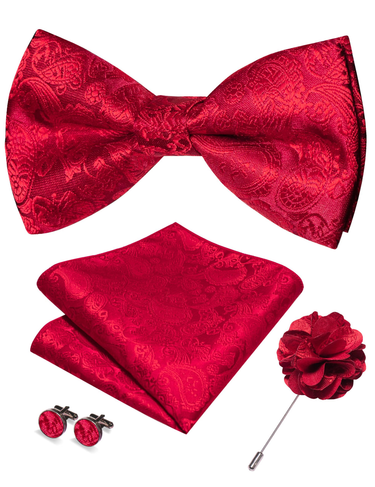 JEMYGINS Paisley Pre-tied Bow Tie and Pocket Square Cufflinks Lapel Pin Sets for Men 4PCS